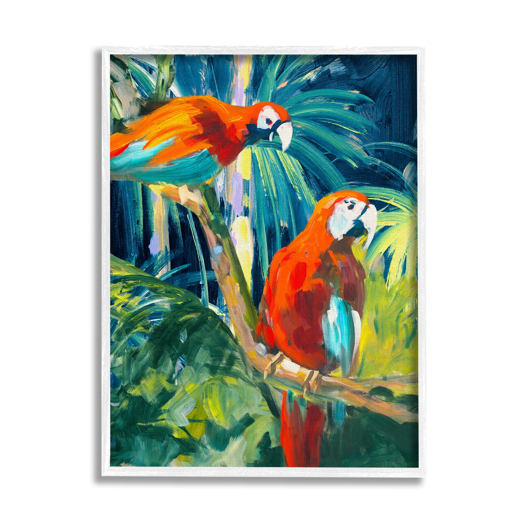 Stupell Industries Tropical Parrots in Jungle Animals & Insects Painting White Framed Art Print Wall Art, 16 x 20
