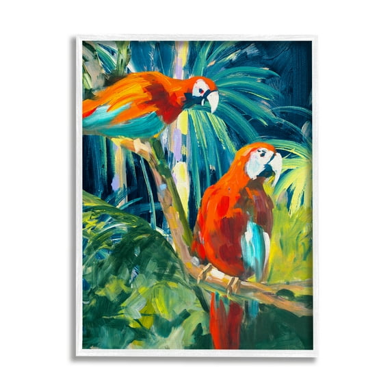 Stupell Industries Tropical Parrots in Jungle Animals & Insects Painting White Framed Art Print Wall Art, 24 x 30