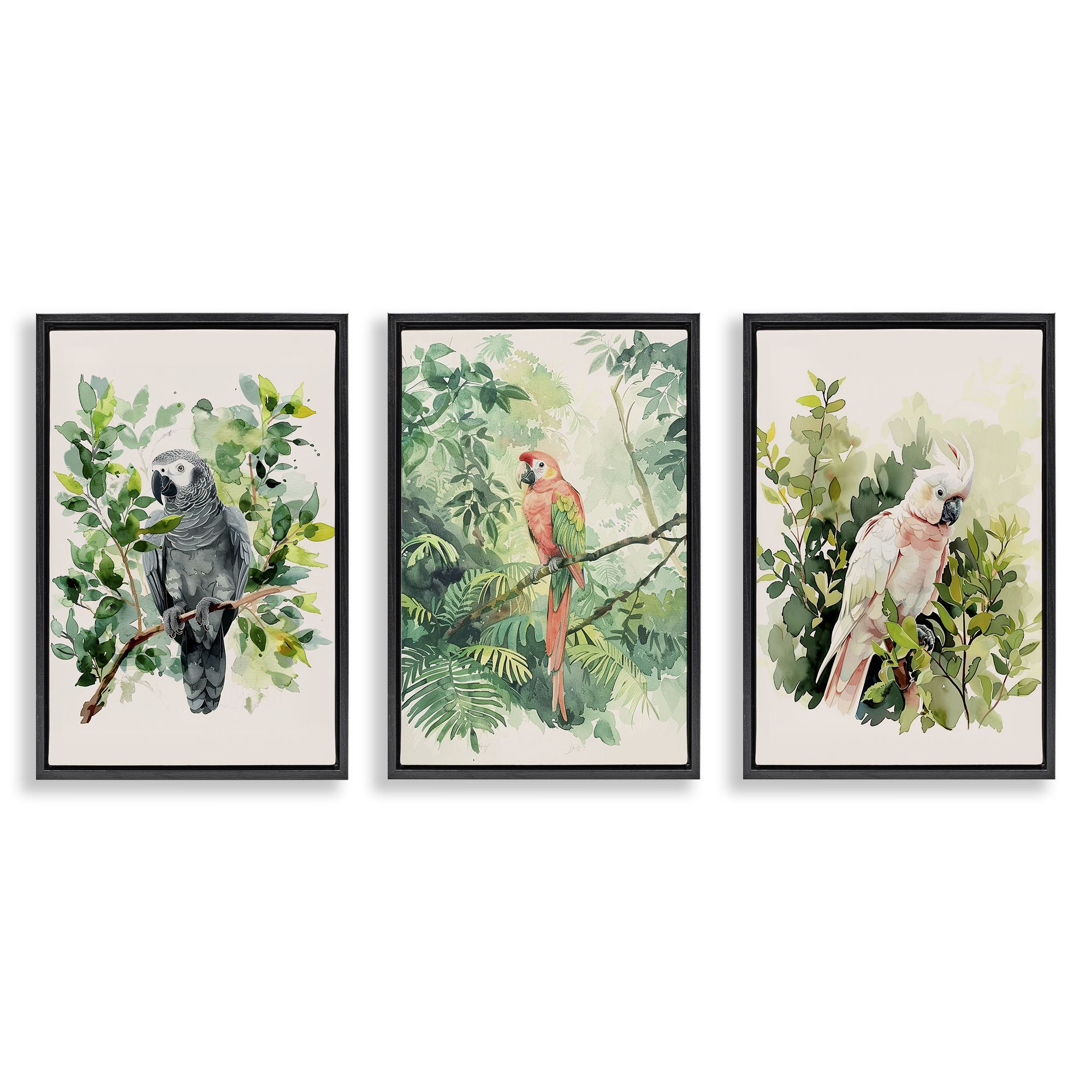 Stupell Industries Tropical Parrots in Jungle Animals Painting Black Floater Framed Canvas Art Print Wall Art, 21 x 31, Set of 3