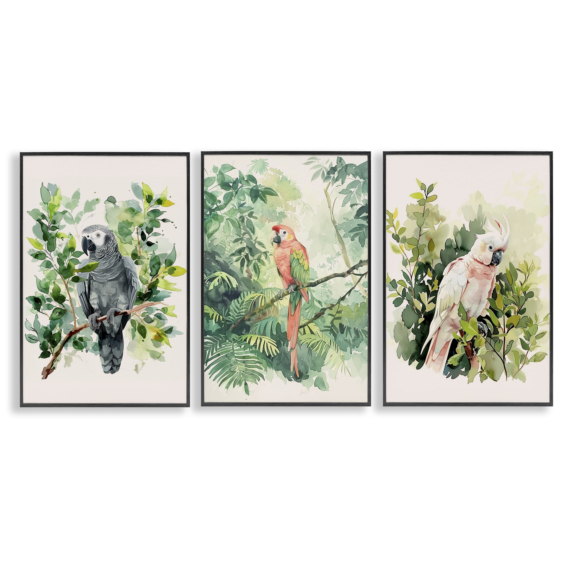 Stupell Industries Tropical Parrots in Jungle Animals Painting Black Framed Art Print Wall Art, 12 x 18, Set of 3