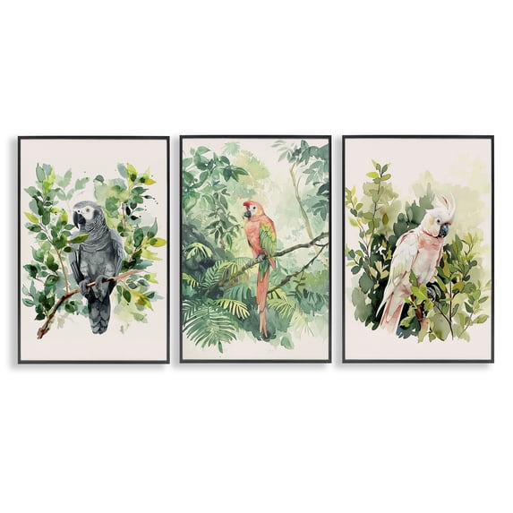 Stupell Industries Tropical Parrots in Jungle Animals Painting Black Framed Art Print Wall Art, 16 x 24, Set of 3