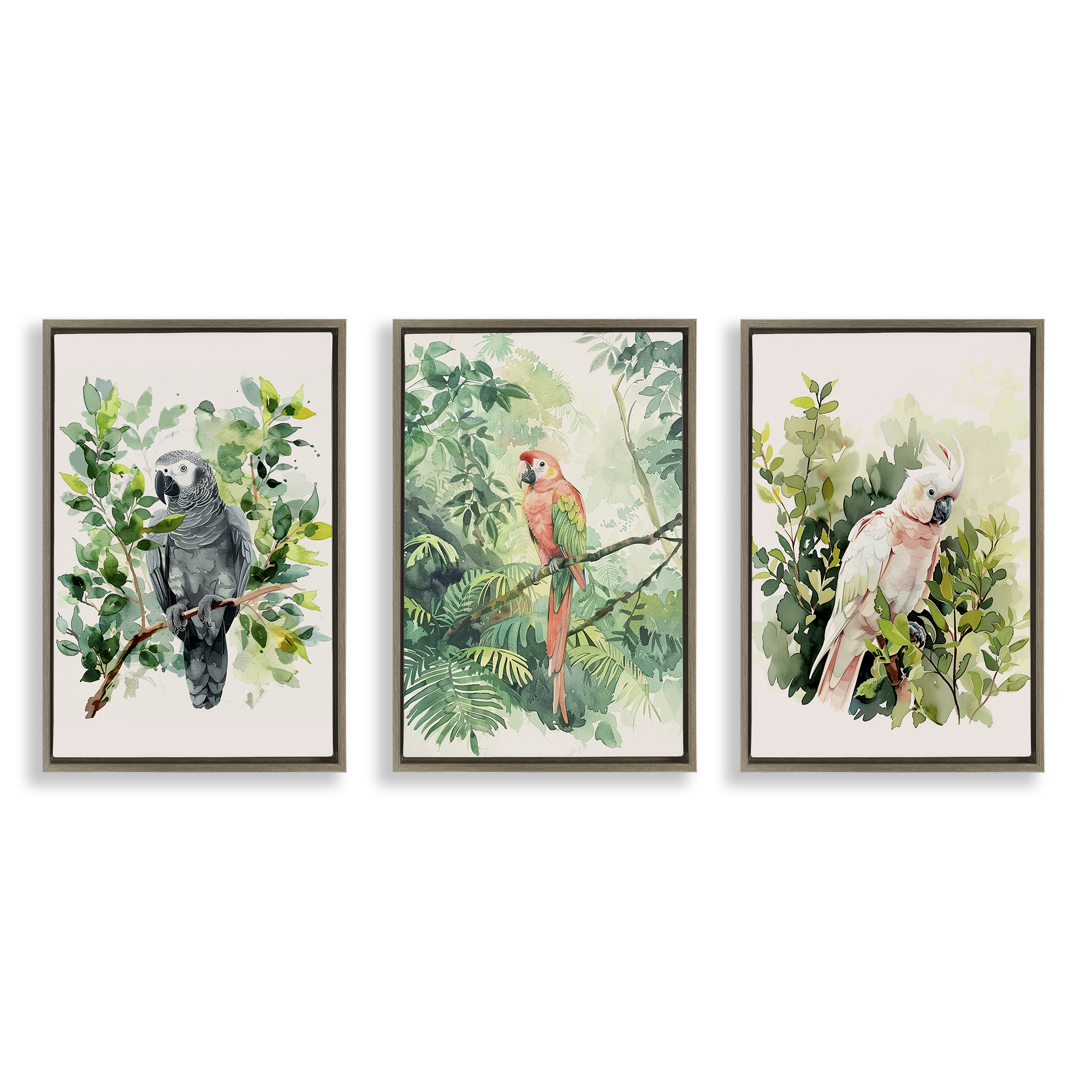 Stupell Industries Tropical Parrots in Jungle Animals Painting Brown Floater Framed Canvas Art Print Wall Art, 17 x 25, Set of 3