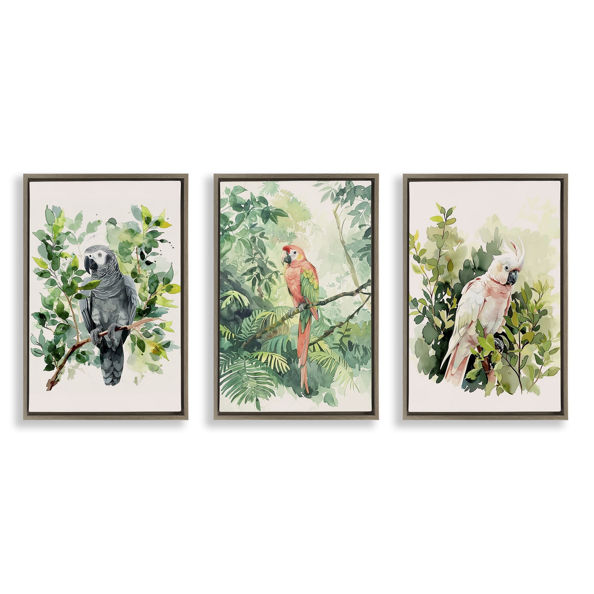Stupell Industries Tropical Parrots in Jungle Animals Painting Brown Floater Framed Canvas Art Print Wall Art, 21 x 31, Set of 3