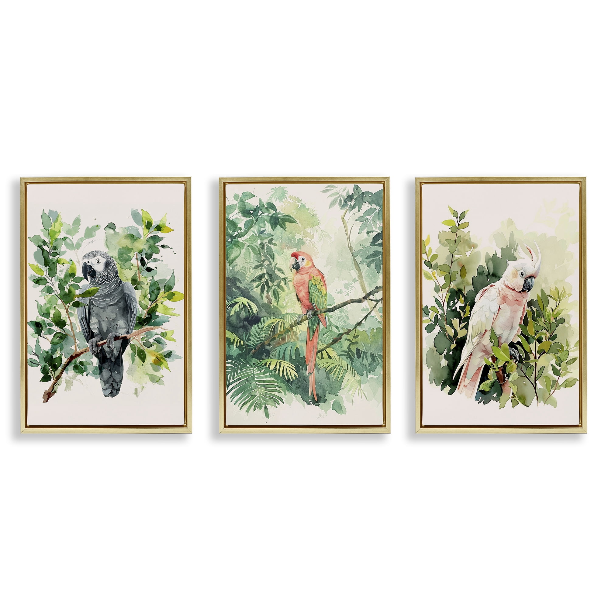 Stupell Industries Tropical Parrots in Jungle Animals Painting Gold Floater Framed Canvas Art Print Wall Art, 17 x 25, Set of 3