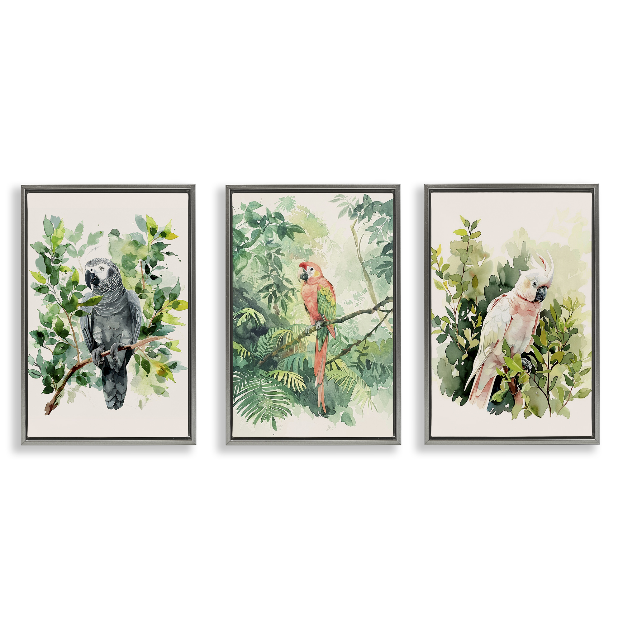 Stupell Industries Tropical Parrots in Jungle Animals Painting Gray Floater Framed Canvas Art Print Wall Art, 21 x 31, Set of 3