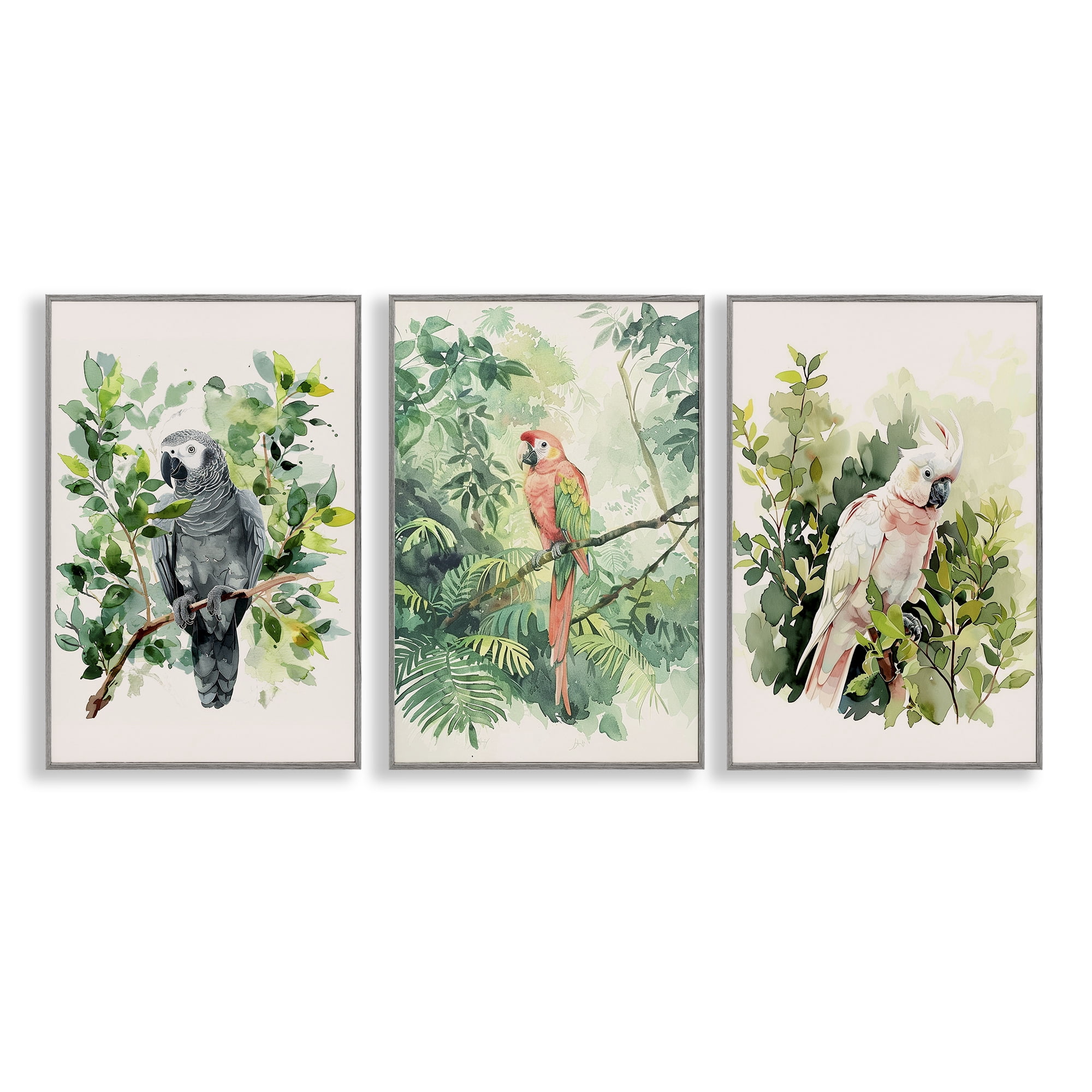 Stupell Industries Tropical Parrots in Jungle Animals Painting Gray Framed Art Print Wall Art, 16 x 24, Set of 3