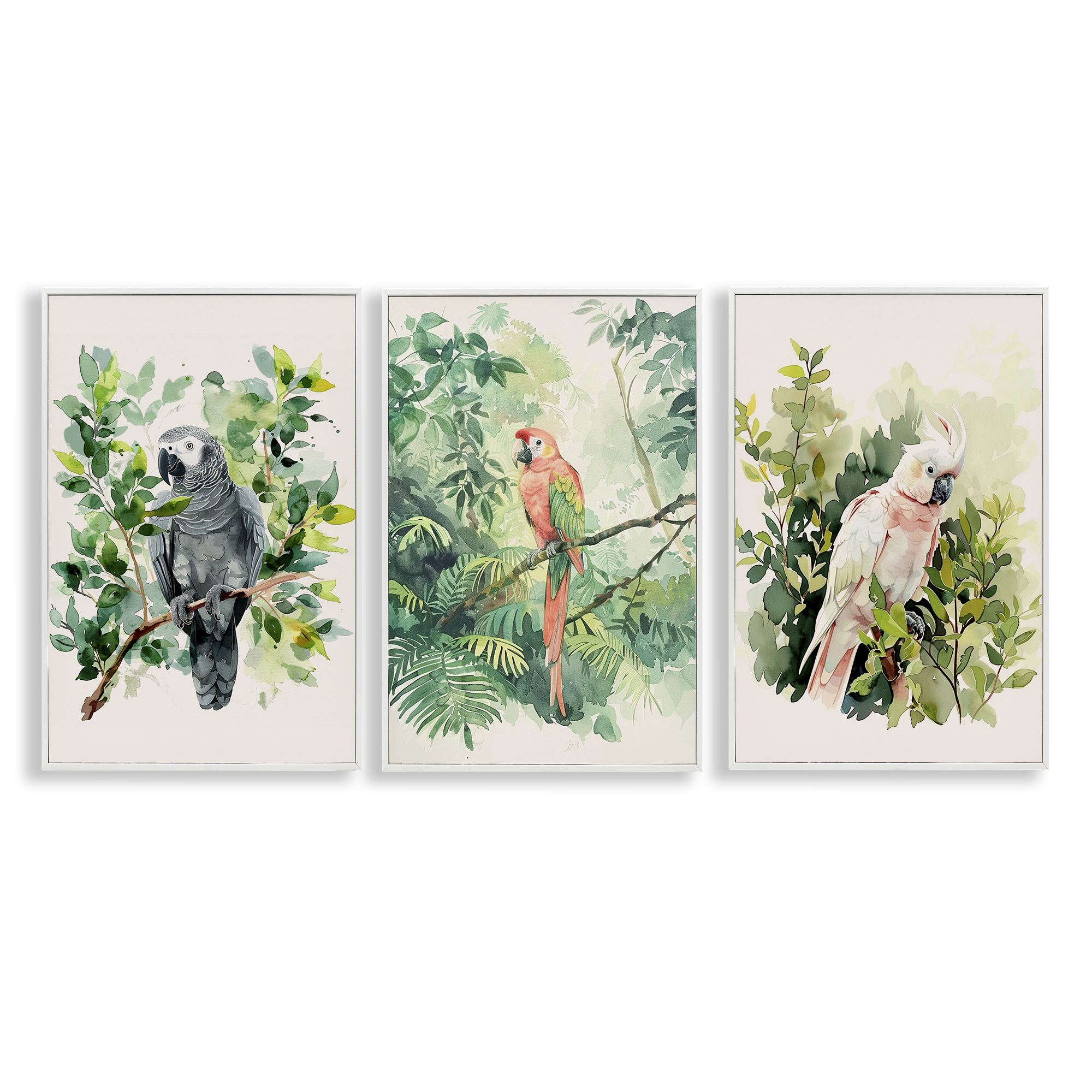 Stupell Industries Tropical Parrots in Jungle Animals Painting White Framed Art Print Wall Art, 12 x 18, Set of 3