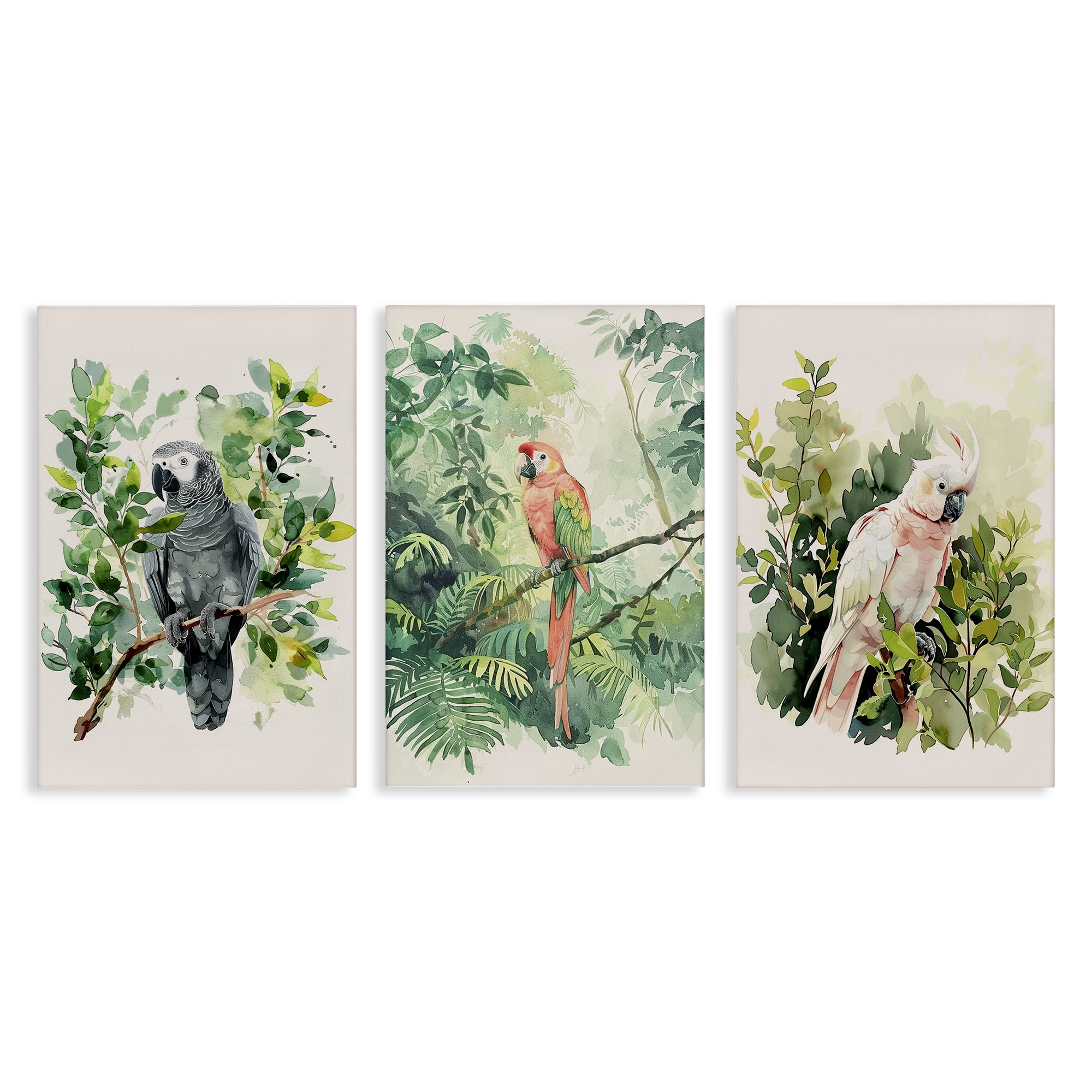Stupell Industries Tropical Parrots in Jungle Animals Painting Wrapped Canvas Art Print Wall Art, 20 x 30, Set of 3