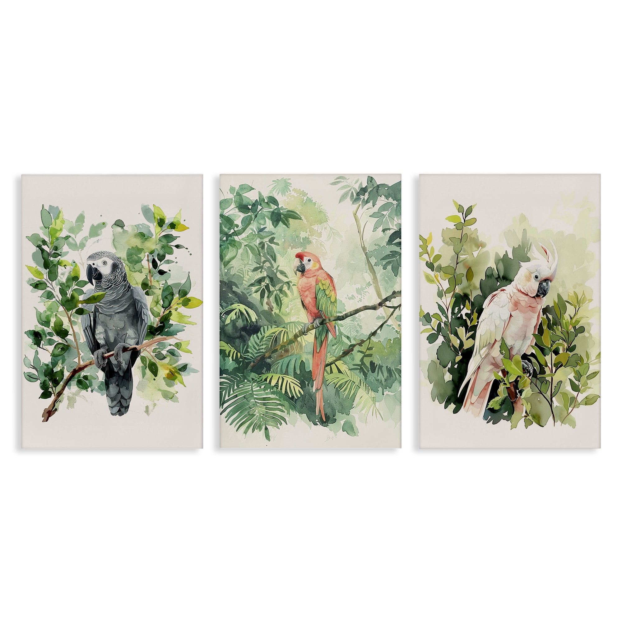 Stupell Industries Tropical Parrots in Jungle Animals Painting Wrapped Canvas Art Print Wall Art, 24 x 36, Set of 3