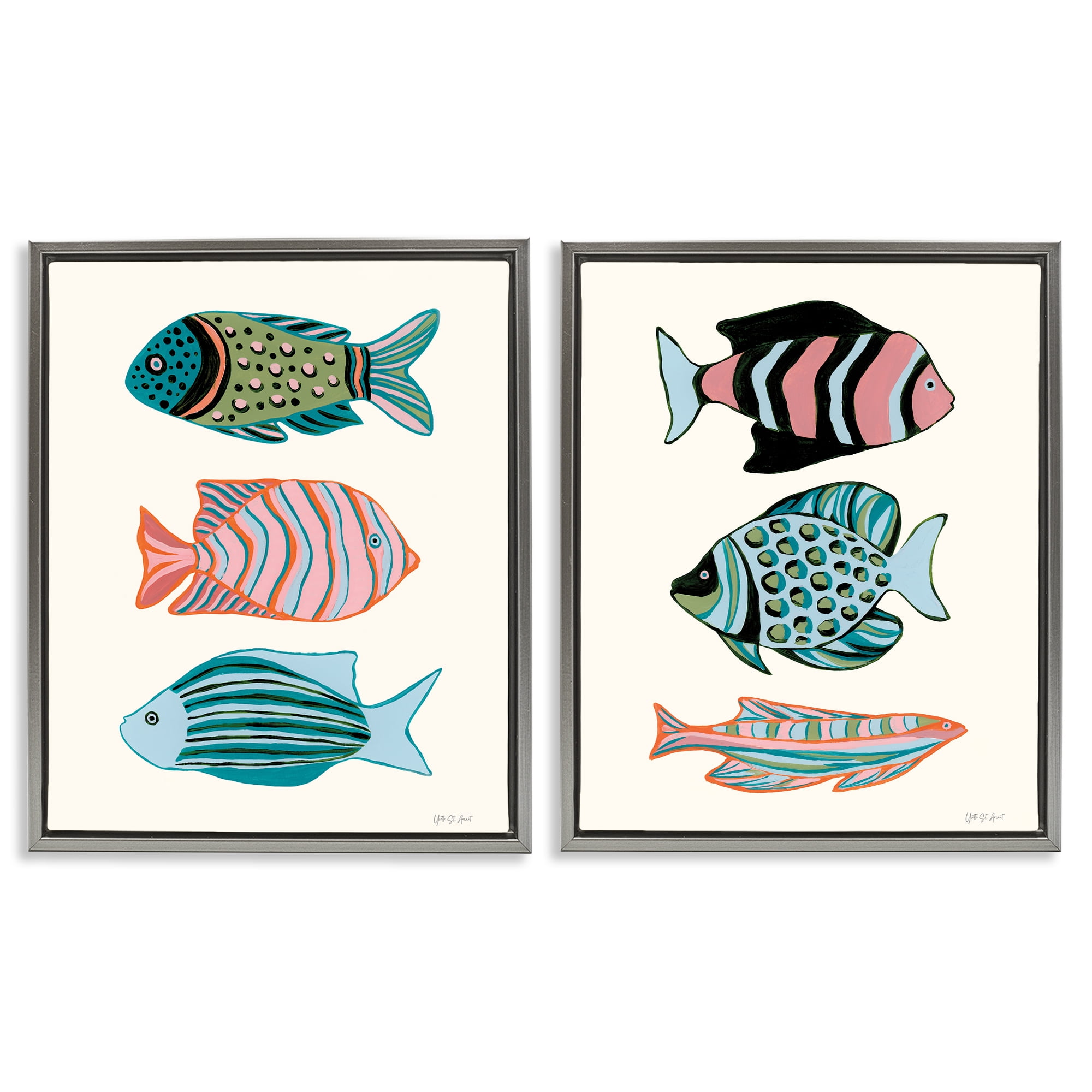 Stupell Industries Tropical Pastels Fish Animals Painting Gray Floater Framed Canvas Art Print Wall Art, 31 x 25, Set of 2
