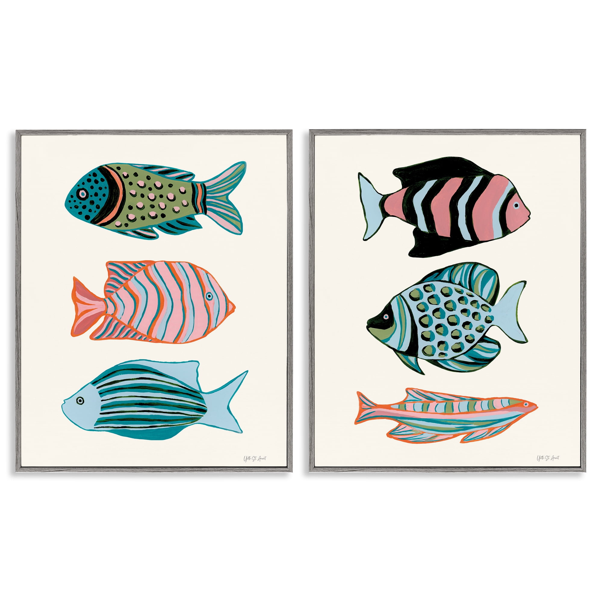 Stupell Industries Tropical Pastels Fish Animals Painting Gray Framed Art Print Wall Art, 24 x 30, Set of 2
