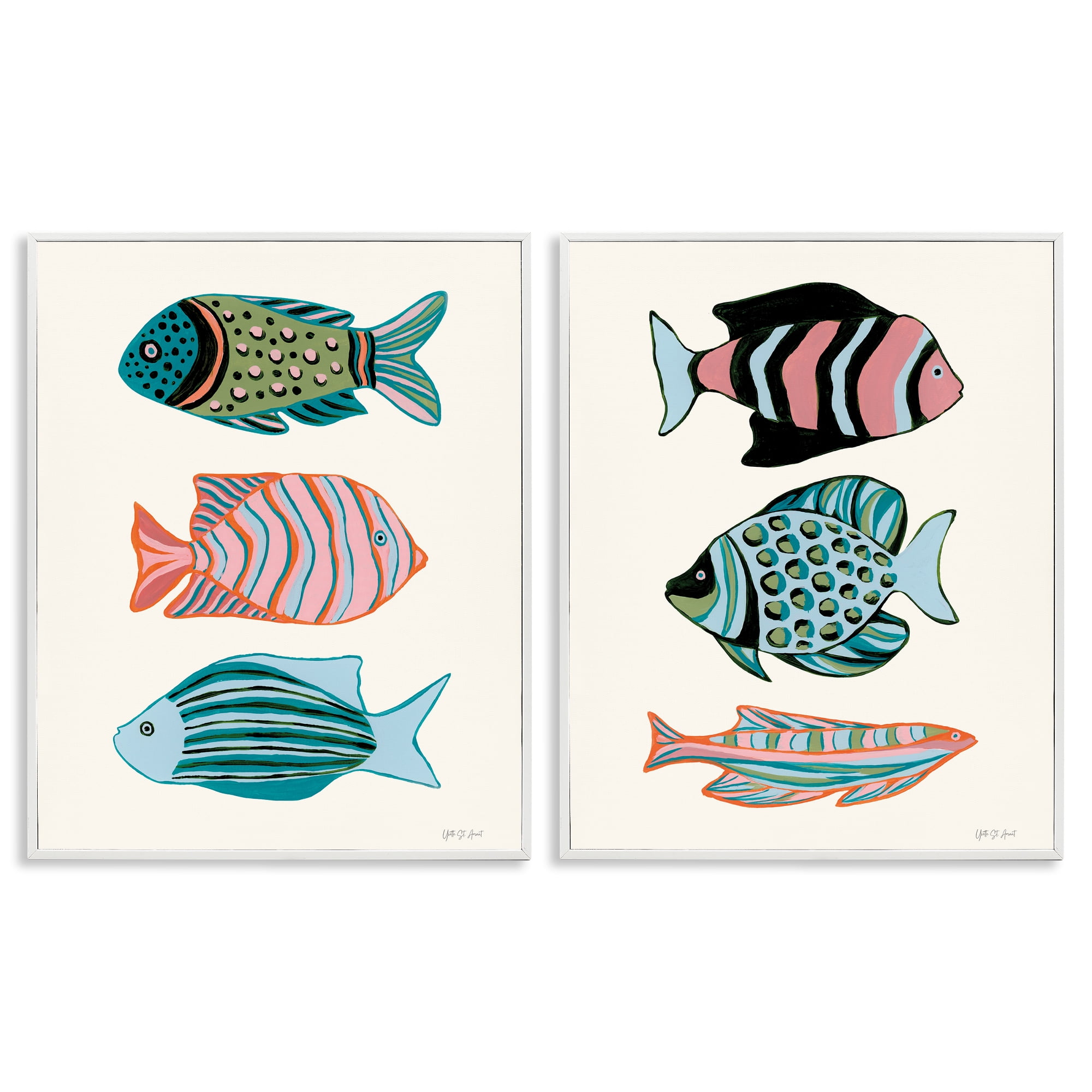 Stupell Industries Tropical Pastels Fish Animals Painting White Framed Art Print Wall Art, 16 x 20, Set of 2