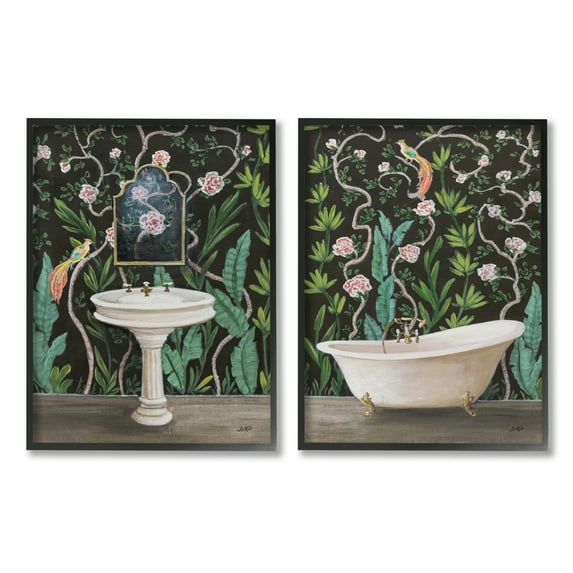 Stupell Industries Tropical Patterned Bathroom Botanical & Floral Painting Black Framed Art Print Wall Art, 11 x 14, Set of 2