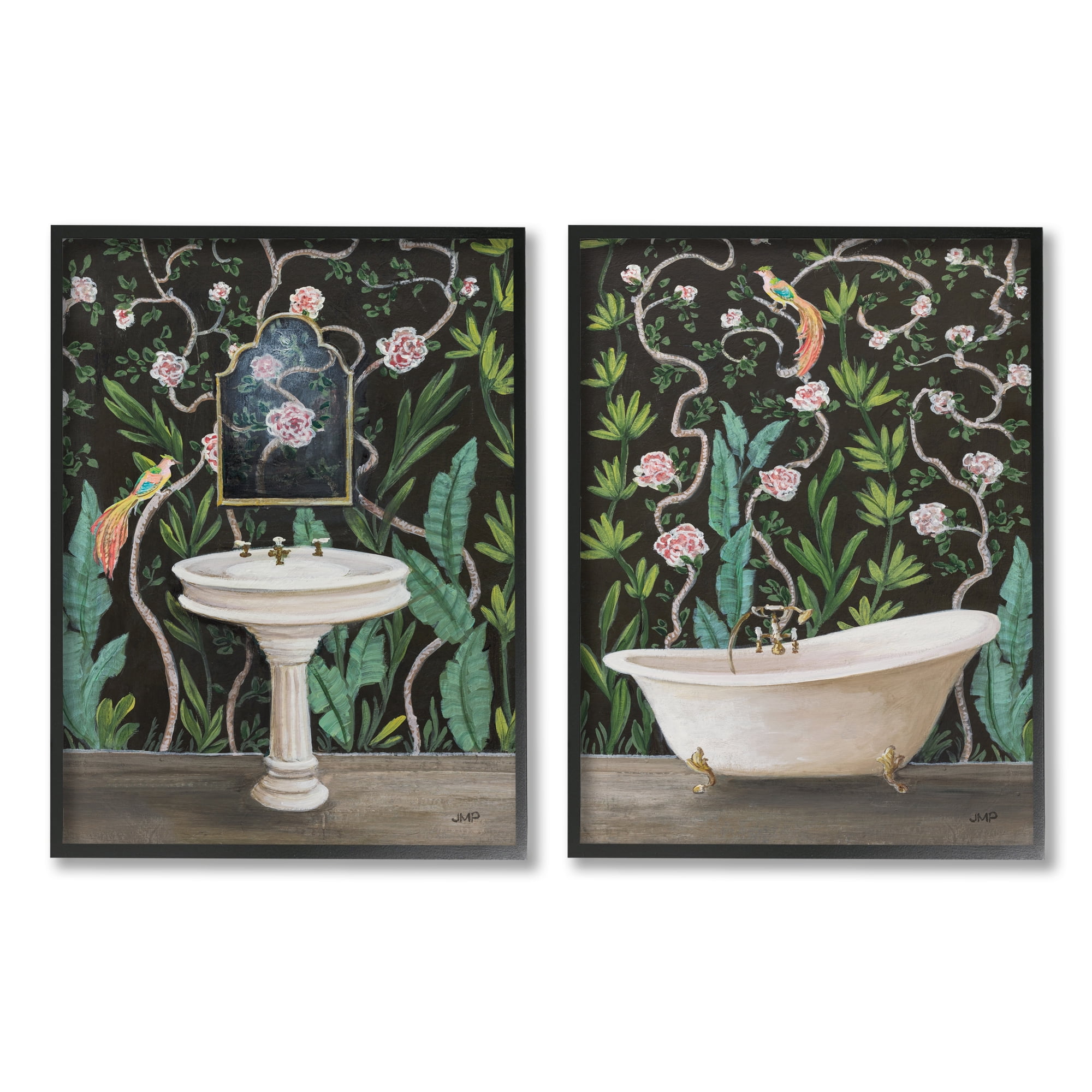 Stupell Industries Tropical Patterned Bathroom Botanical & Floral Painting Black Framed Art Print Wall Art, 24 x 30, Set of 2