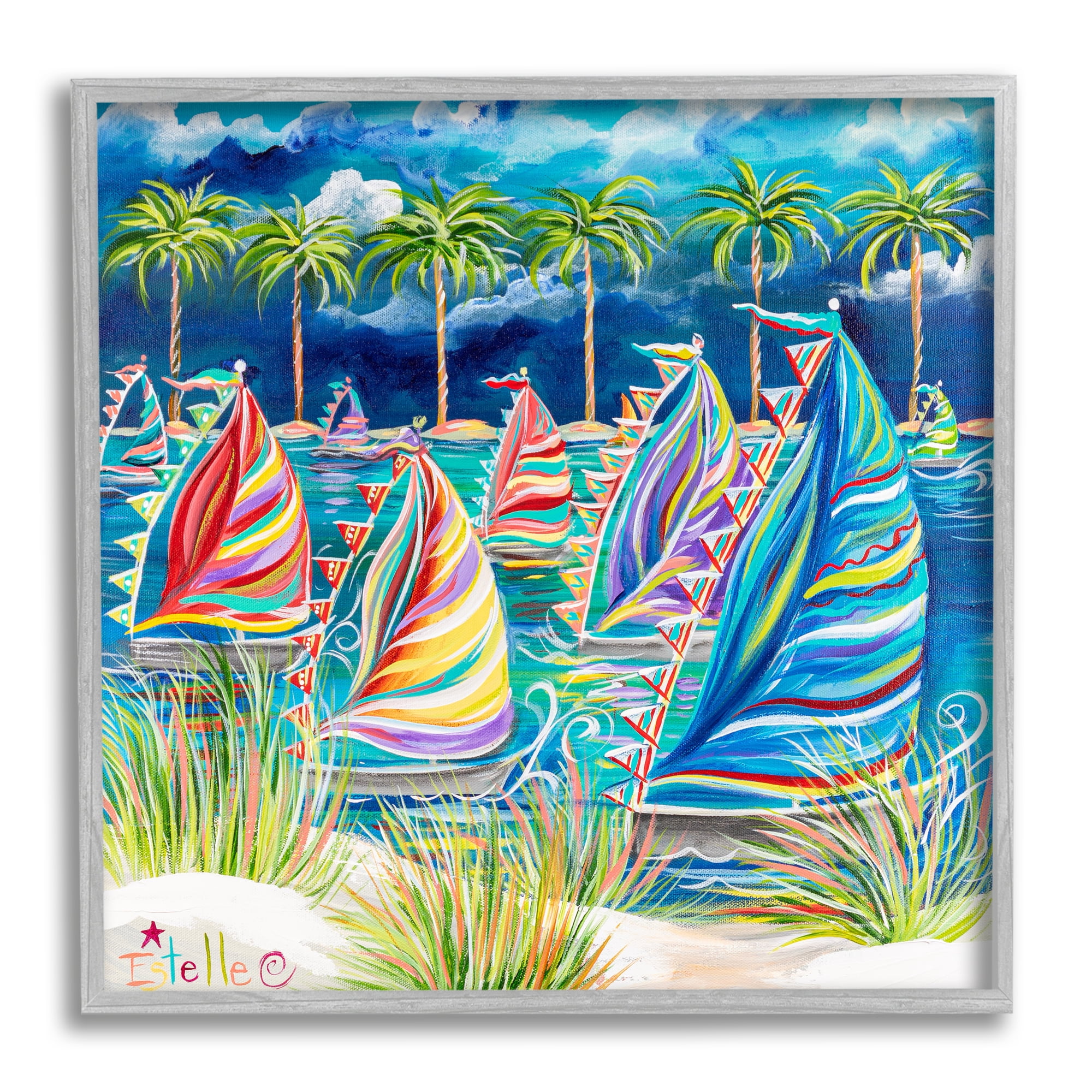 Stupell Industries Tropical Patterned Boats Transportation Painting Gray Framed Art Print Wall Art, 24 x 24