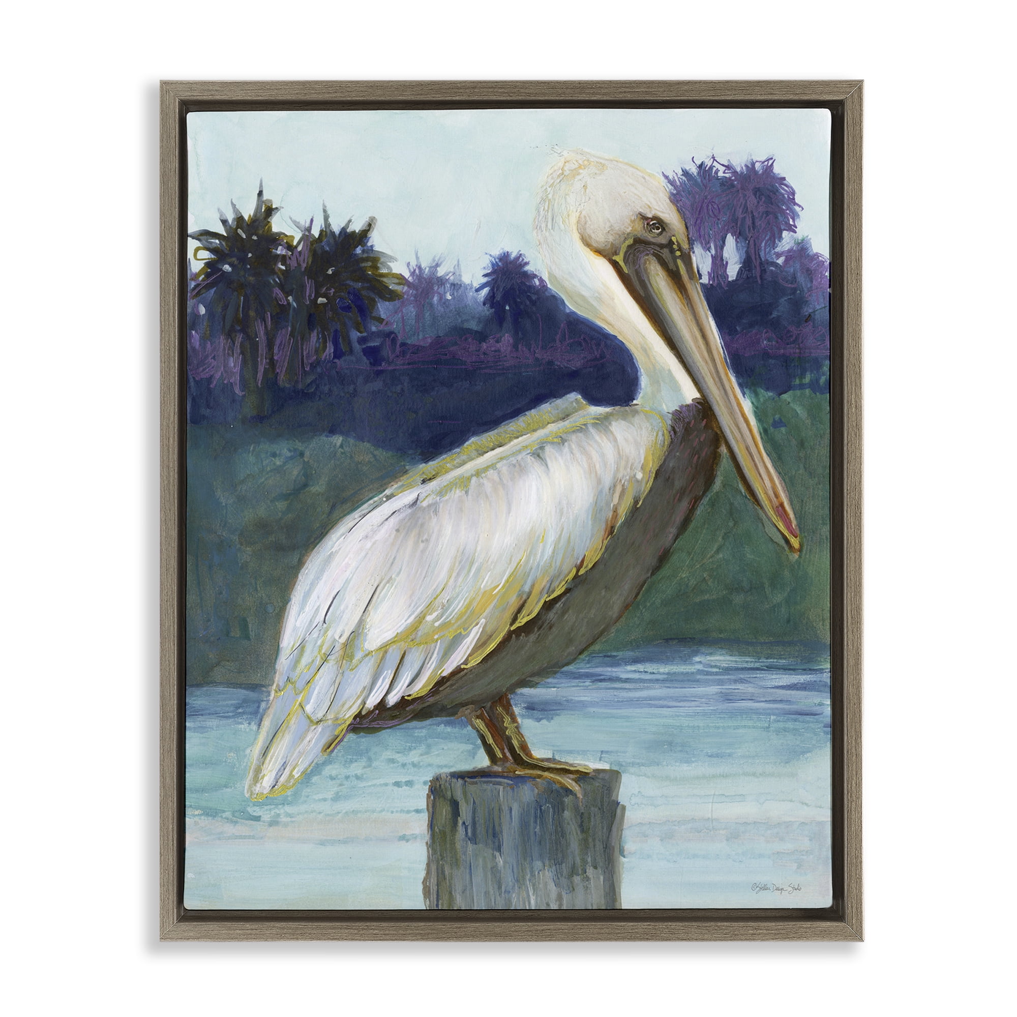 Stupell Industries Tropical Pelican Perched Animals & Insects Painting Brown Floater Framed Canvas Art Print Wall Art, 25 x 31