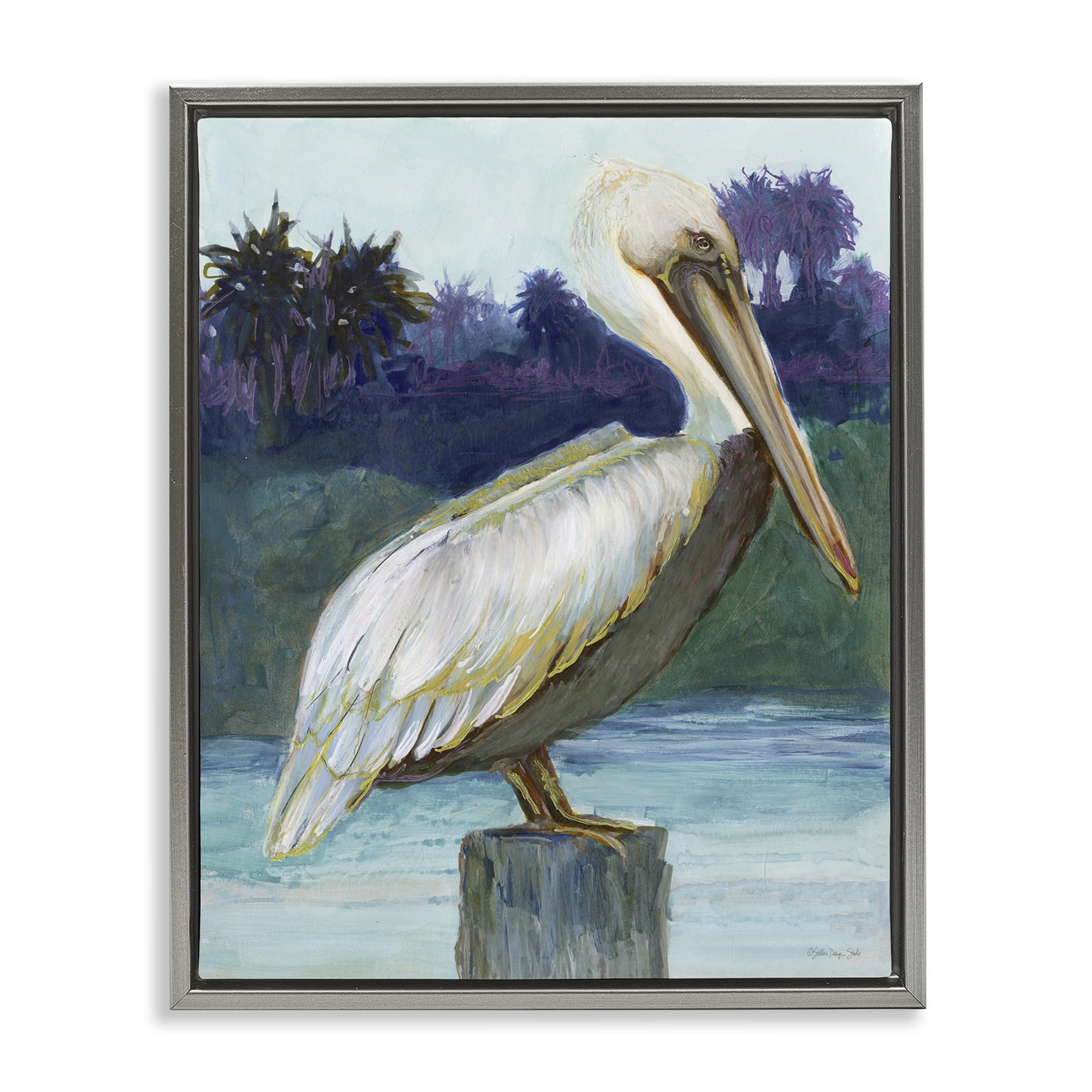 Stupell Industries Tropical Pelican Perched Animals & Insects Painting Gray Floater Framed Canvas Art Print Wall Art, 17 x 21