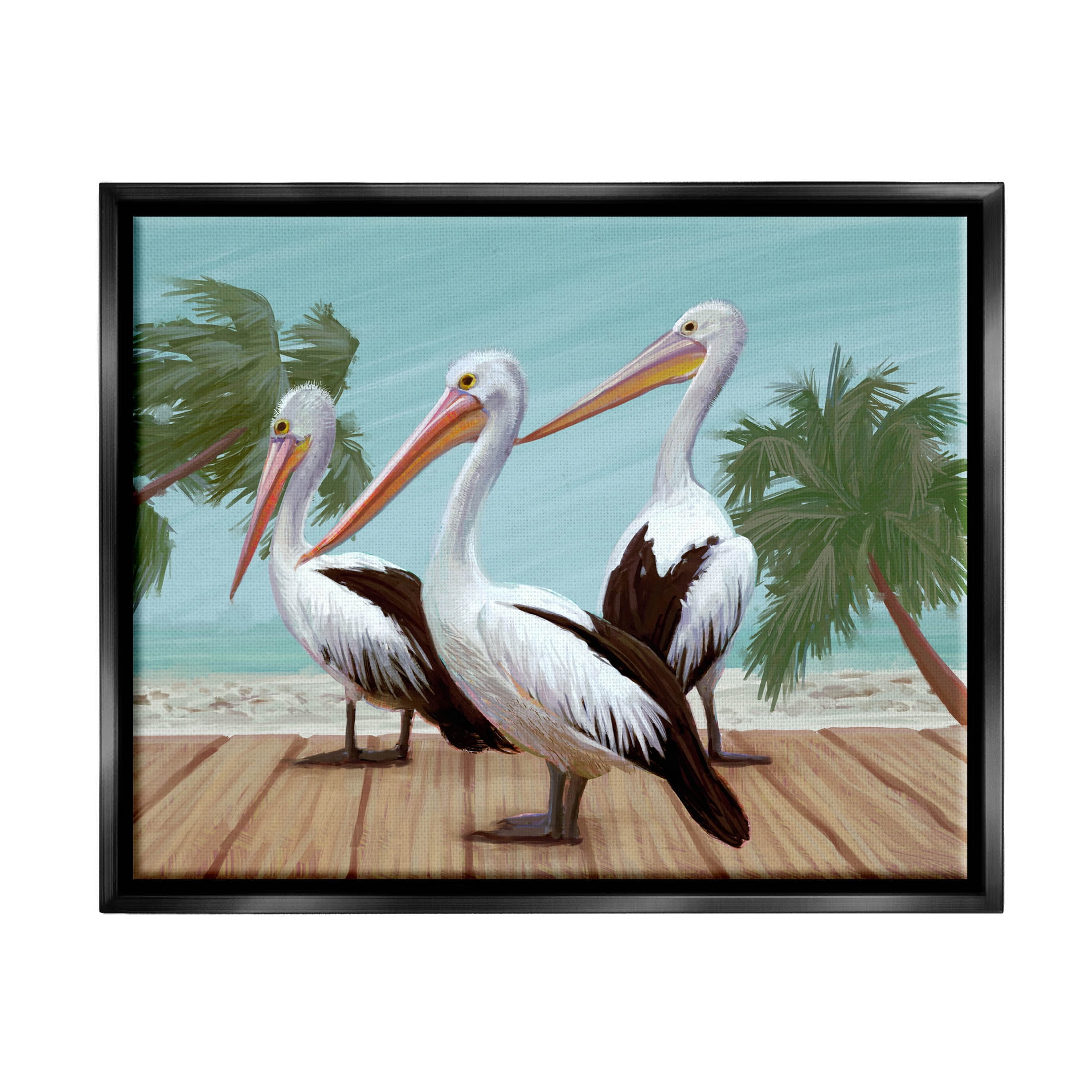Stupell Industries Tropical Pelicans Beach Boardwalk Painting Jet Black Floating Framed Canvas Print Wall Art, Design by Ziwei Li