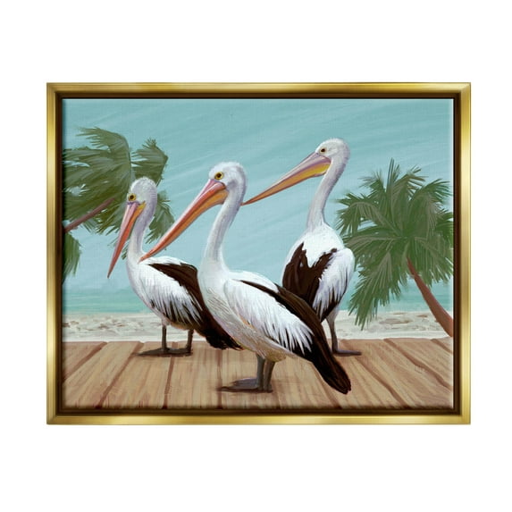 Stupell Industries Tropical Pelicans Beach Boardwalk Painting Metallic Gold Floating Framed Canvas Print Wall Art, Design by Ziwei Li