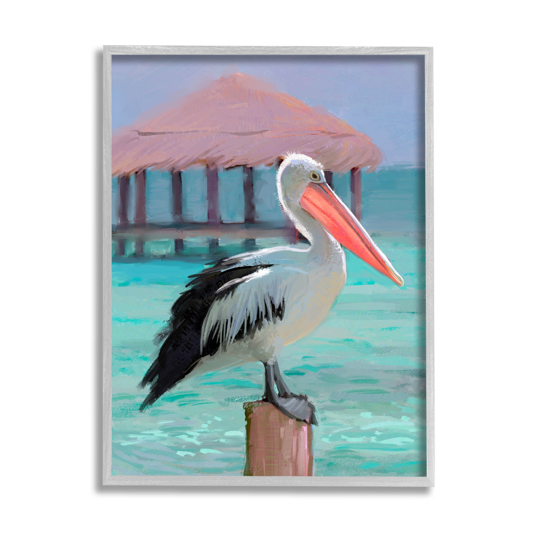 Stupell Industries Tropical Perched Pelican Painting Gray Framed Art Print Wall Art, Design by Ziwei Li