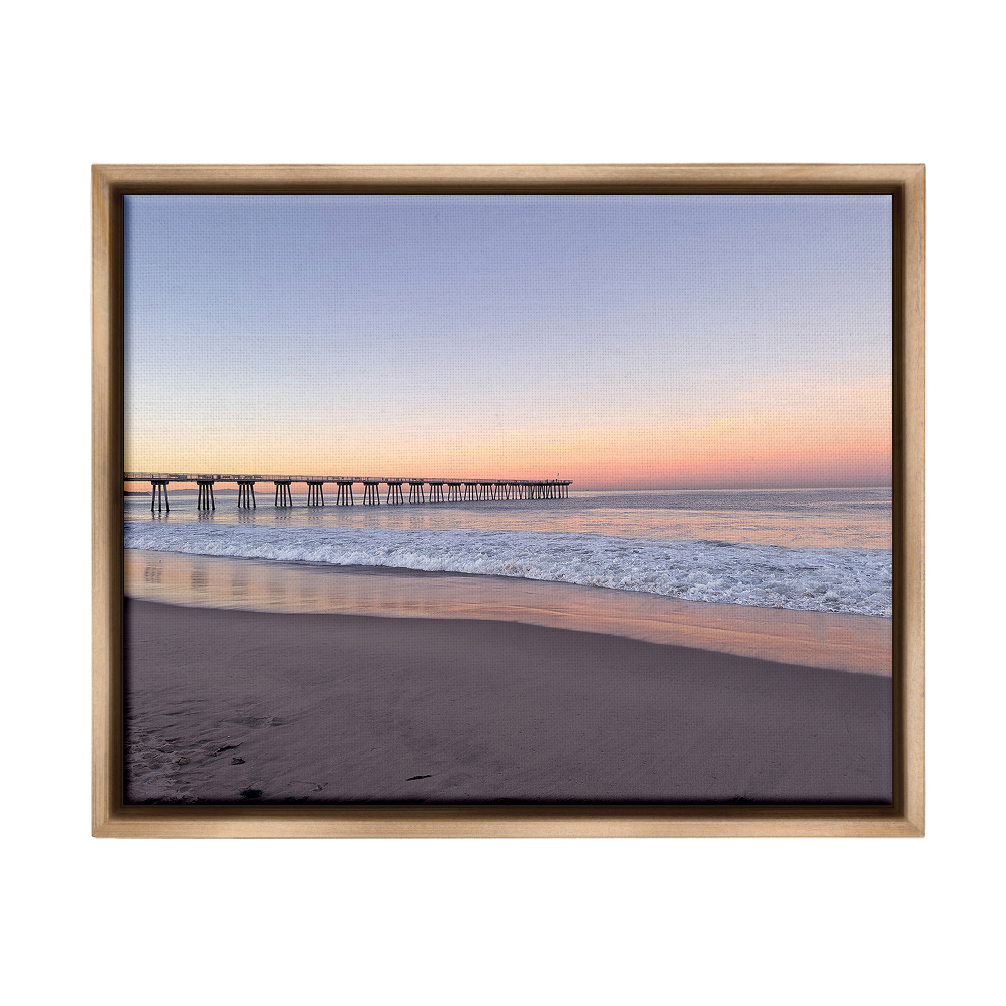 Stupell Industries Tropical Pier at Sunrise Landscape Photography Brown Floater Framed Canvas Art Print Wall Art, 21 x 17