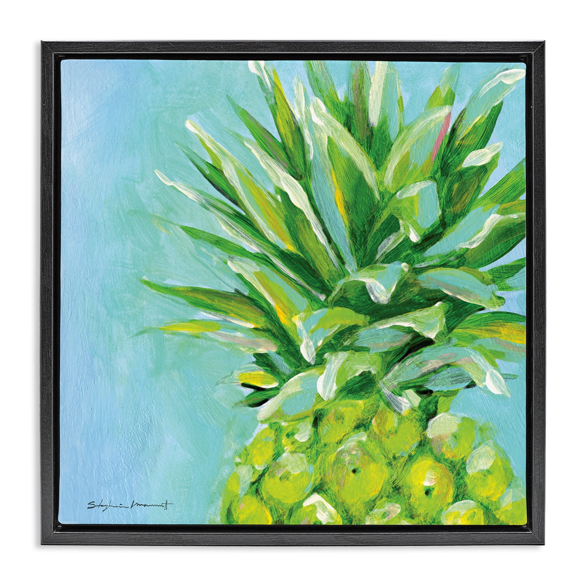 Stupell Industries Tropical Pineapple on Blue Food & Beverage Painting Black Floater Framed Canvas Art Print Wall Art, 25 x 25