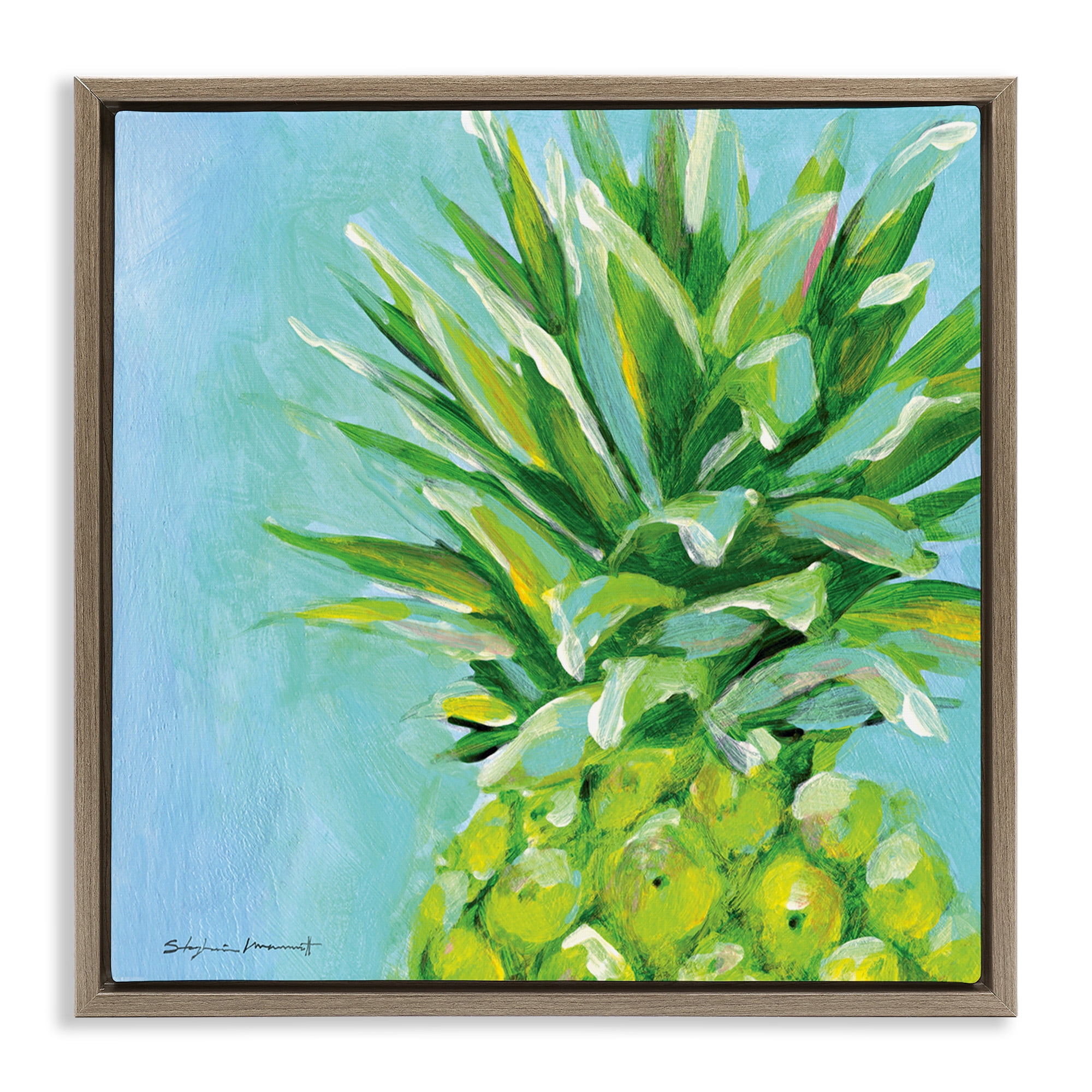 Stupell Industries Tropical Pineapple on Blue Food & Beverage Painting Brown Floater Framed Canvas Art Print Wall Art, 25 x 25