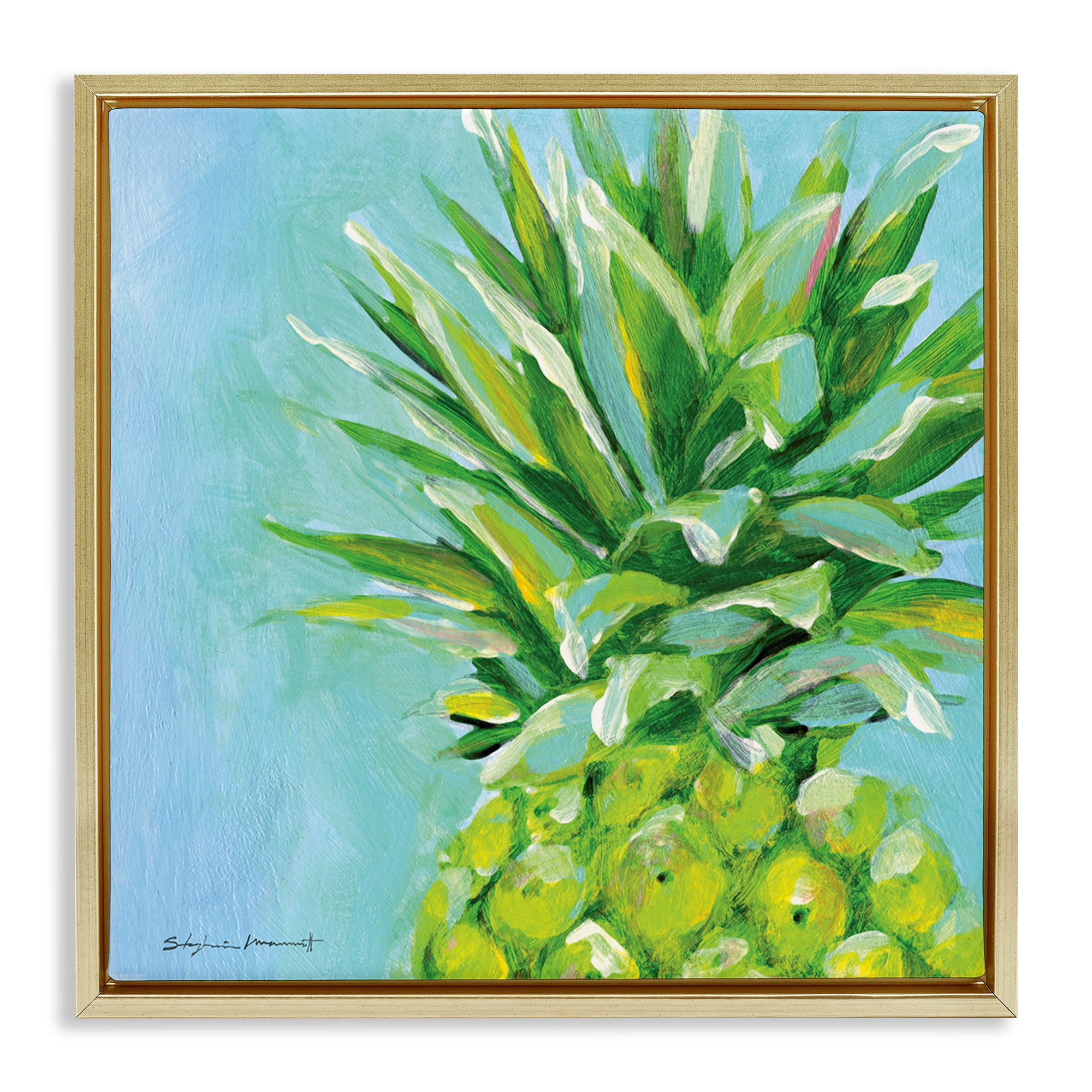 Stupell Industries Tropical Pineapple on Blue Food & Beverage Painting Gold Floater Framed Canvas Art Print Wall Art, 18 x 18