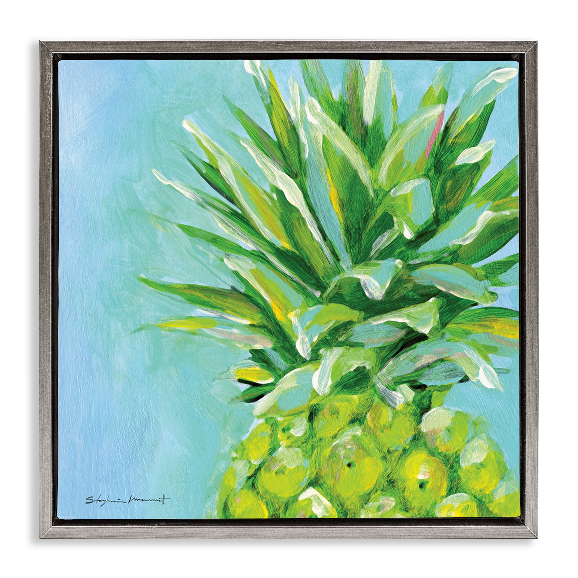 Stupell Industries Tropical Pineapple on Blue Food & Beverage Painting Gray Floater Framed Canvas Art Print Wall Art, 18 x 18