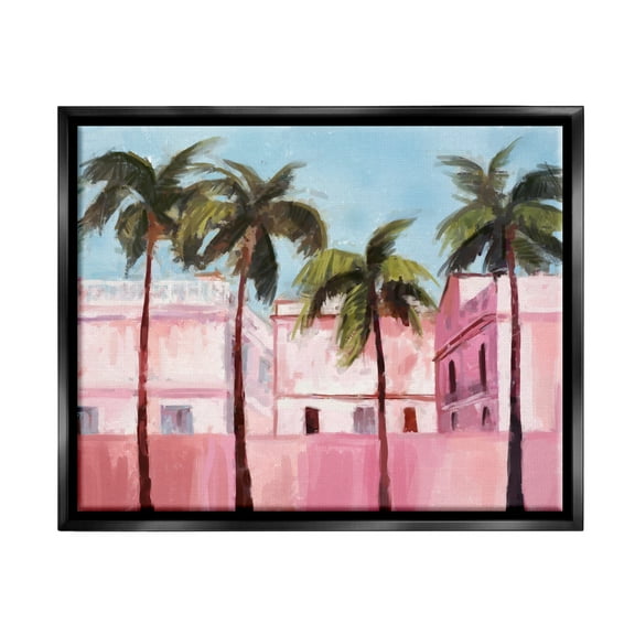 Stupell Industries Tropical Pink Buildings Botanical & Floral Painting Black Floater Framed Canvas Art Print Wall Art, 21 x 17