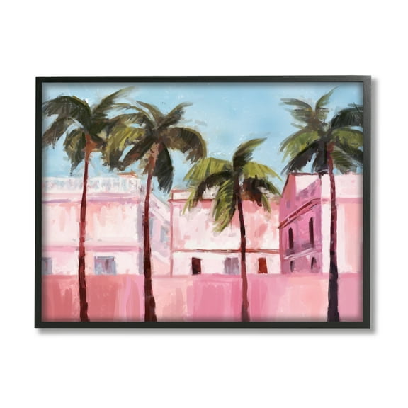 Stupell Industries Tropical Pink Buildings Botanical & Floral Painting Black Framed Art Print Wall Art, 14 x 11
