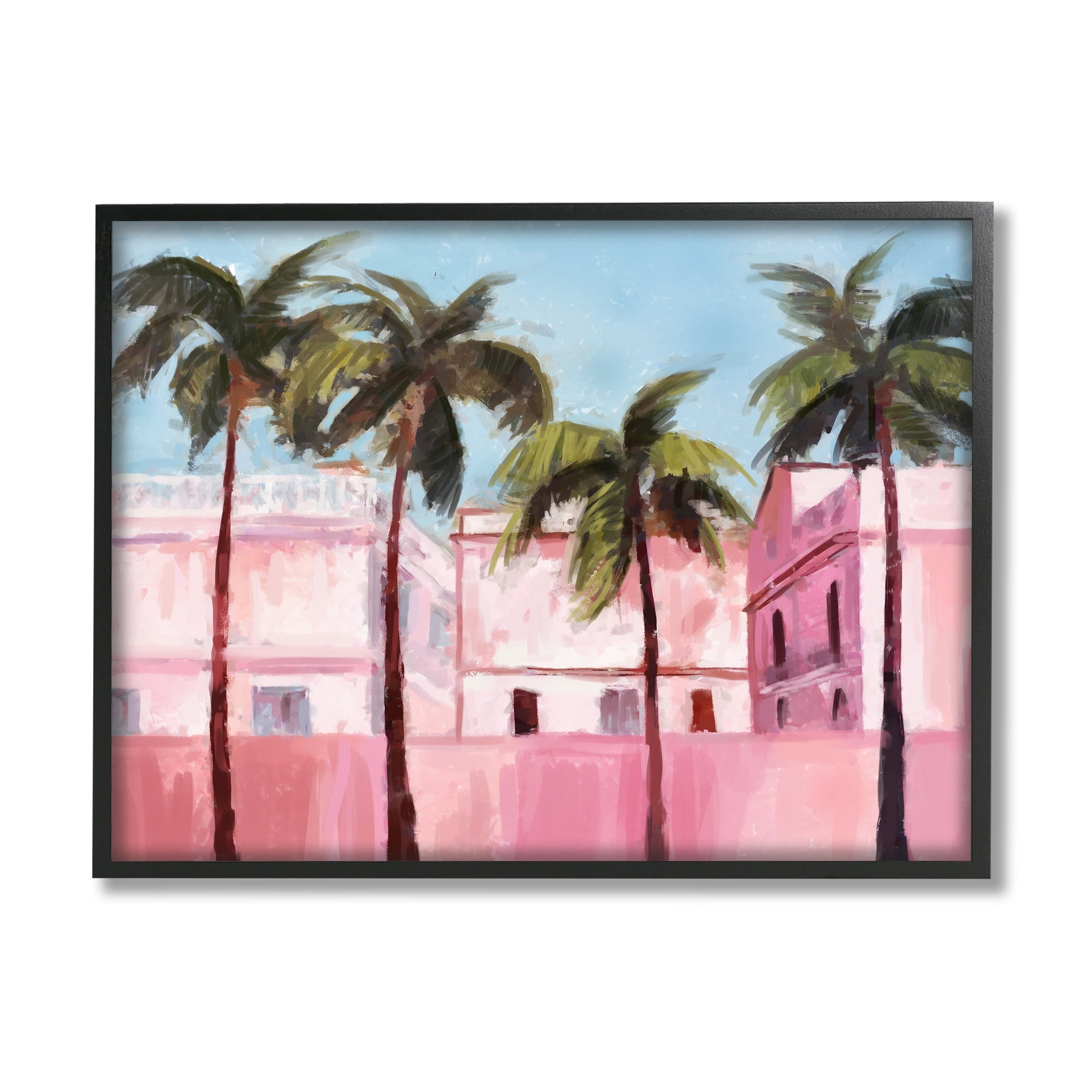 Stupell Industries Tropical Pink Buildings Botanical & Floral Painting Black Framed Art Print Wall Art, 30 x 24