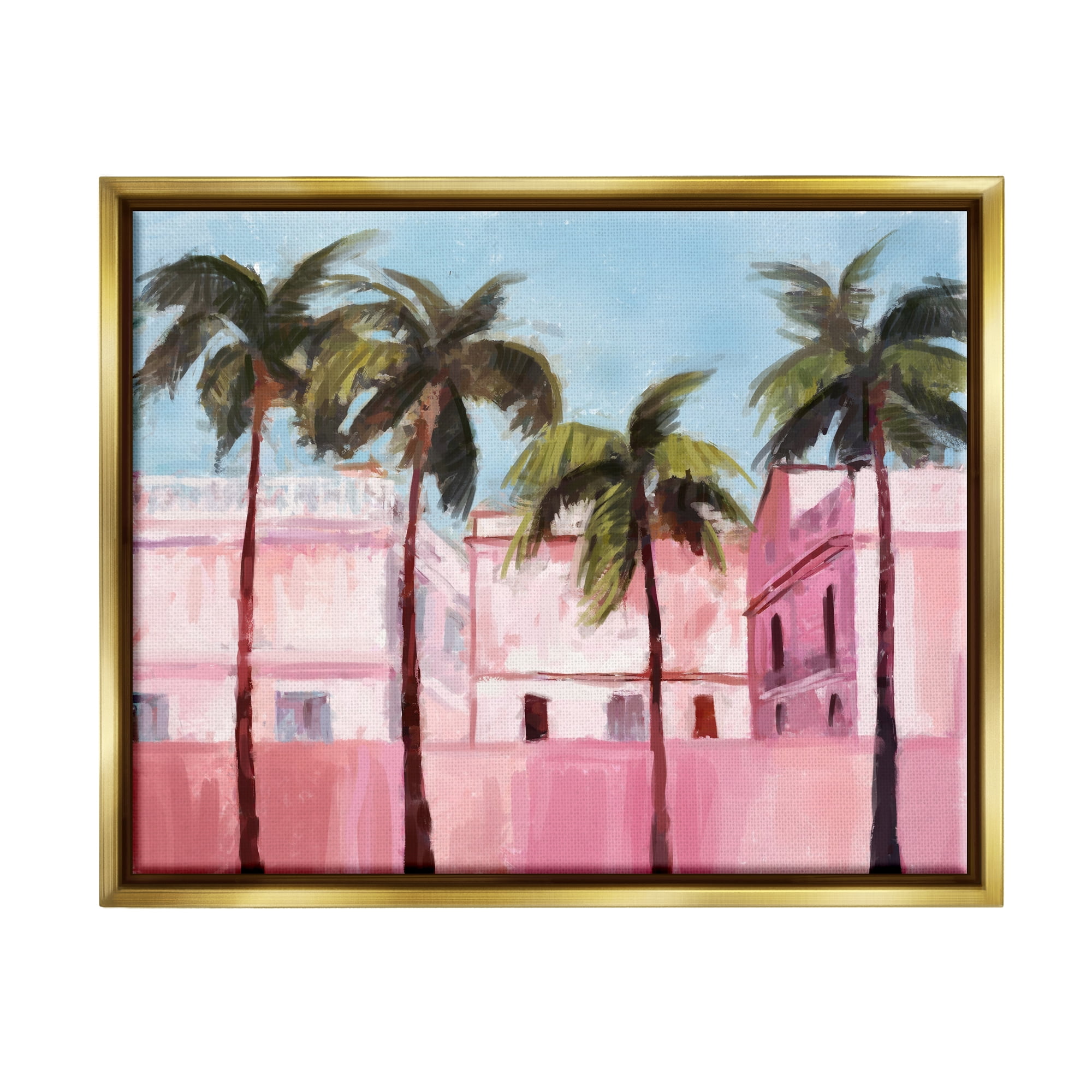 Stupell Industries Tropical Pink Buildings Botanical & Floral Painting Gold Floater Framed Canvas Art Print Wall Art, 21 x 17