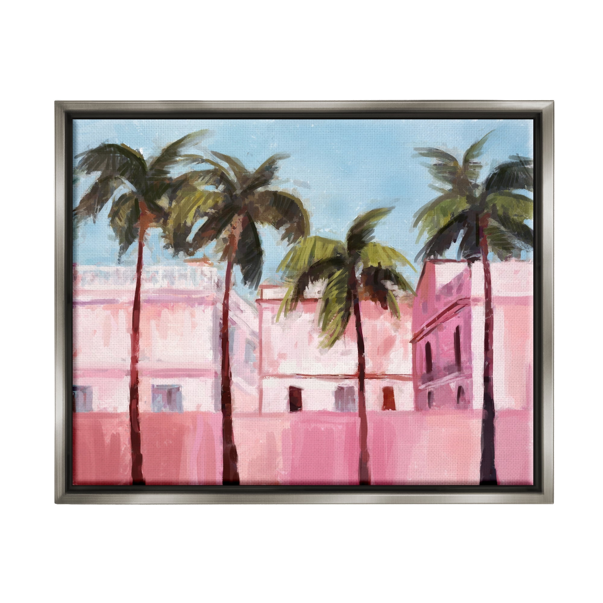 Stupell Industries Tropical Pink Buildings Botanical & Floral Painting Gray Floater Framed Canvas Art Print Wall Art, 31 x 25