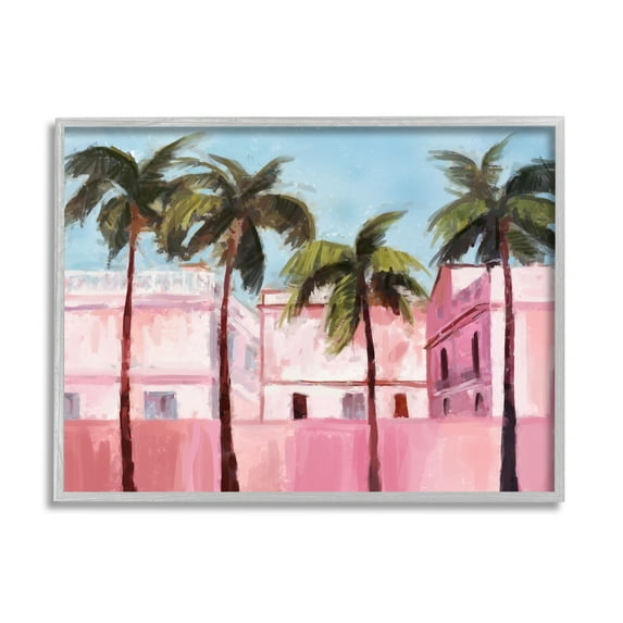 Stupell Industries Tropical Pink Buildings Botanical & Floral Painting Gray Framed Art Print Wall Art, 20 x 16