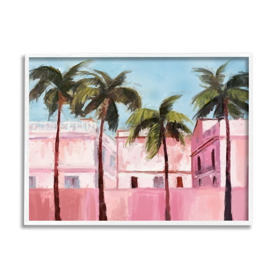 Stupell Industries Tropical Pink Buildings Botanical & Floral Painting White Framed Art Print Wall Art, 20 x 16