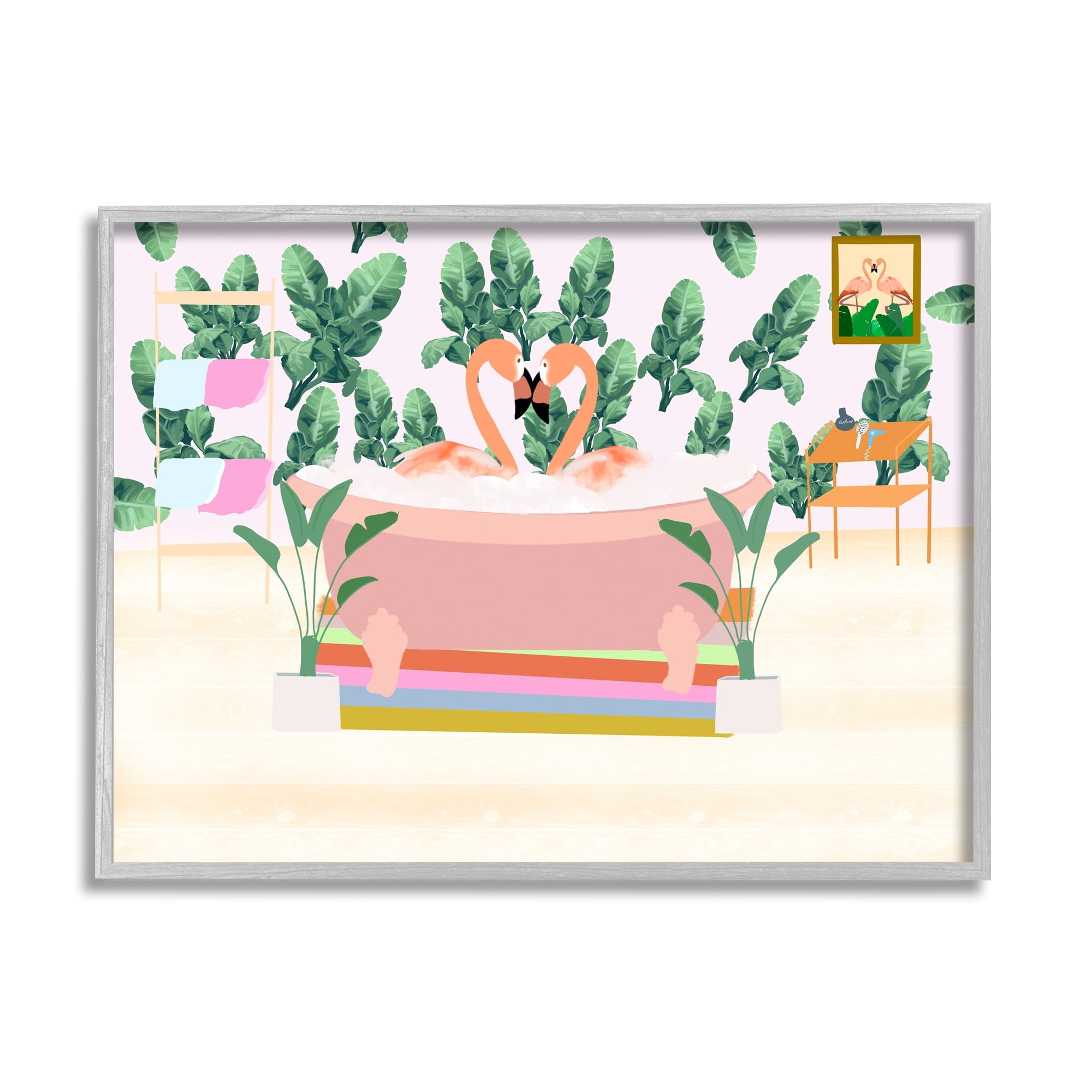 Stupell Industries Tropical Pink Flamingo Pair Bubble Bath Tropical Bathroom, 14 x 11,Design by Ashley Singleton