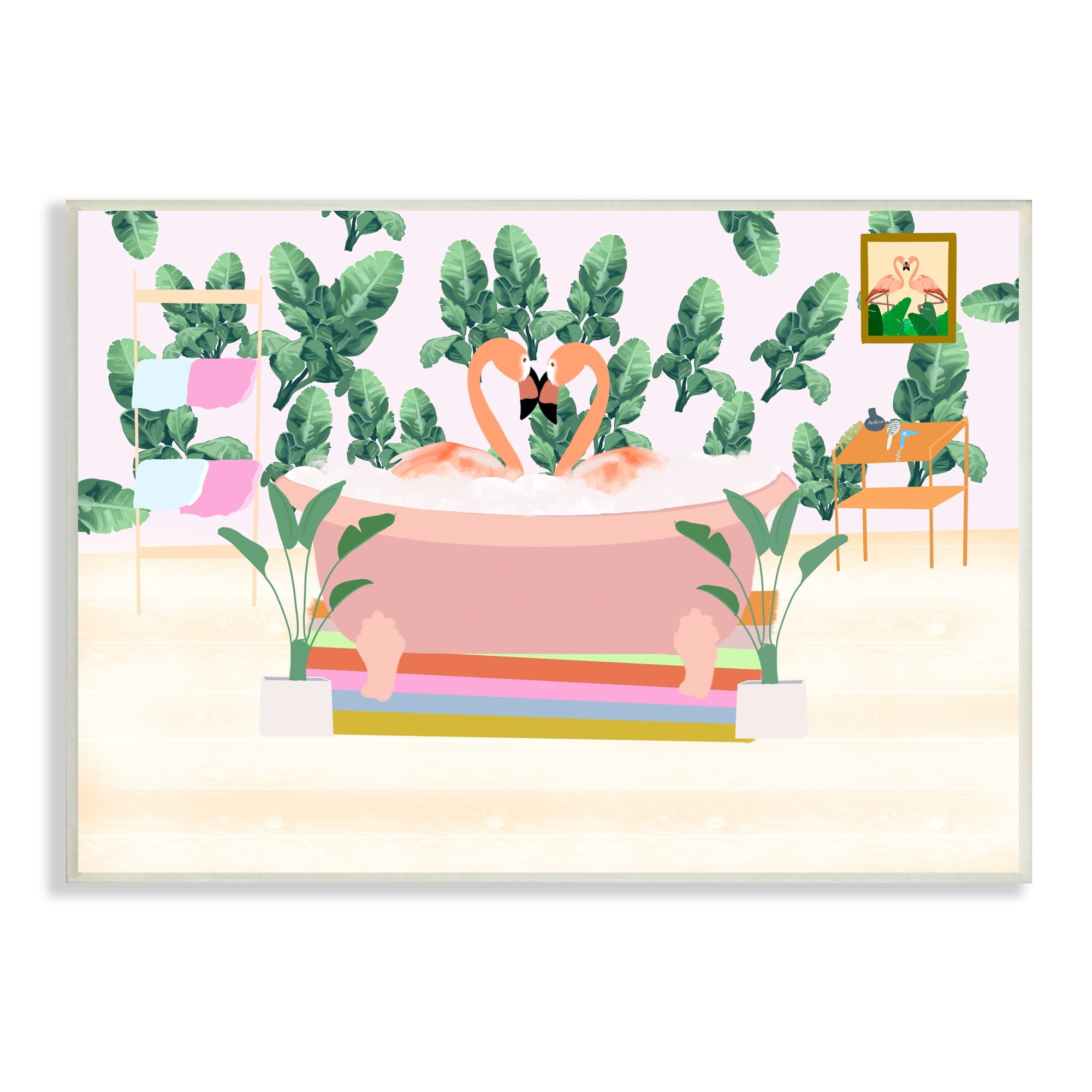 Tropical Pink Flamingo Bubble Bath Wood Wall Art, 15 x 10