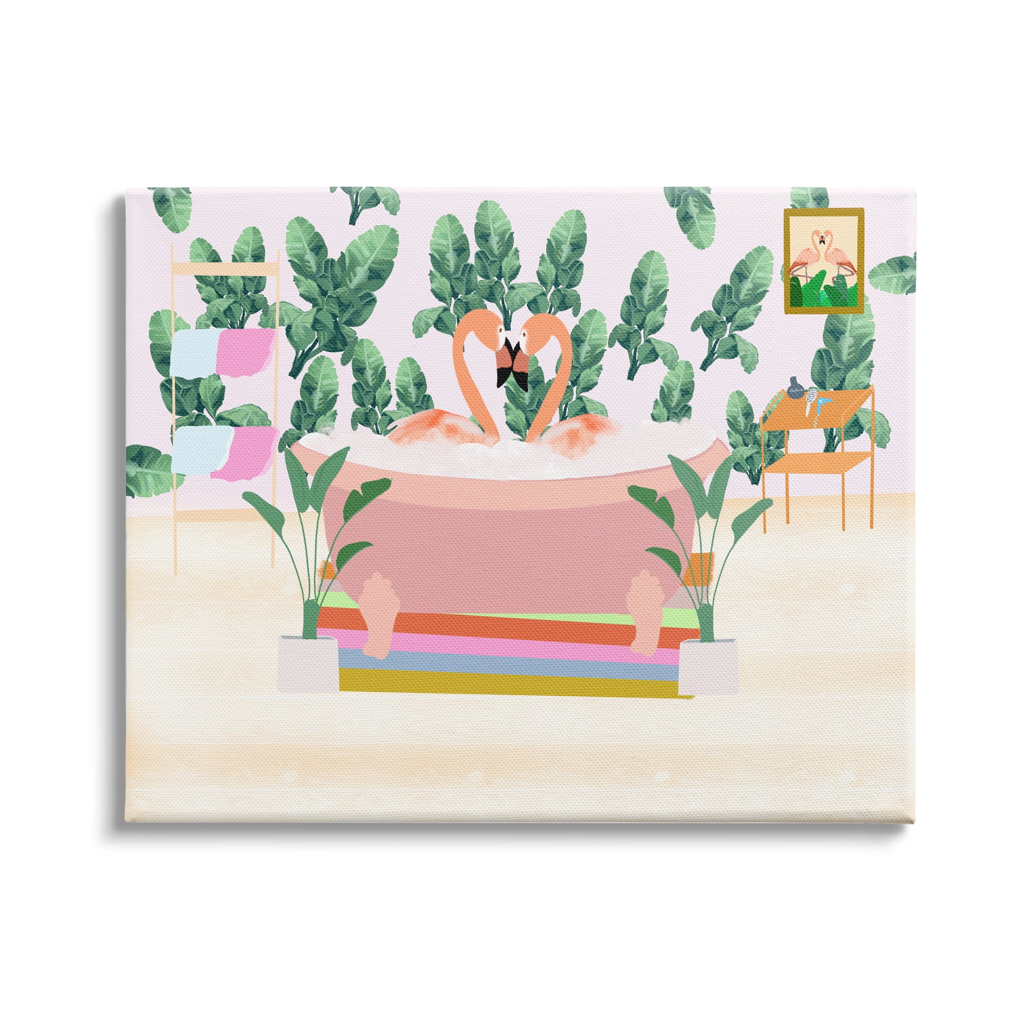 Stupell Industries Tropical Pink Flamingo Pair Bubble Bath Tropical Bathroom, 48 x 36,Design by Ashley Singleton