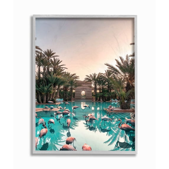 Stupell Industries Tropical Pink Flamingo Pool Relaxed Reflection Palm Trees Framed Wall Art Design by Ziwei Li, 16" x 20", Gray Framed