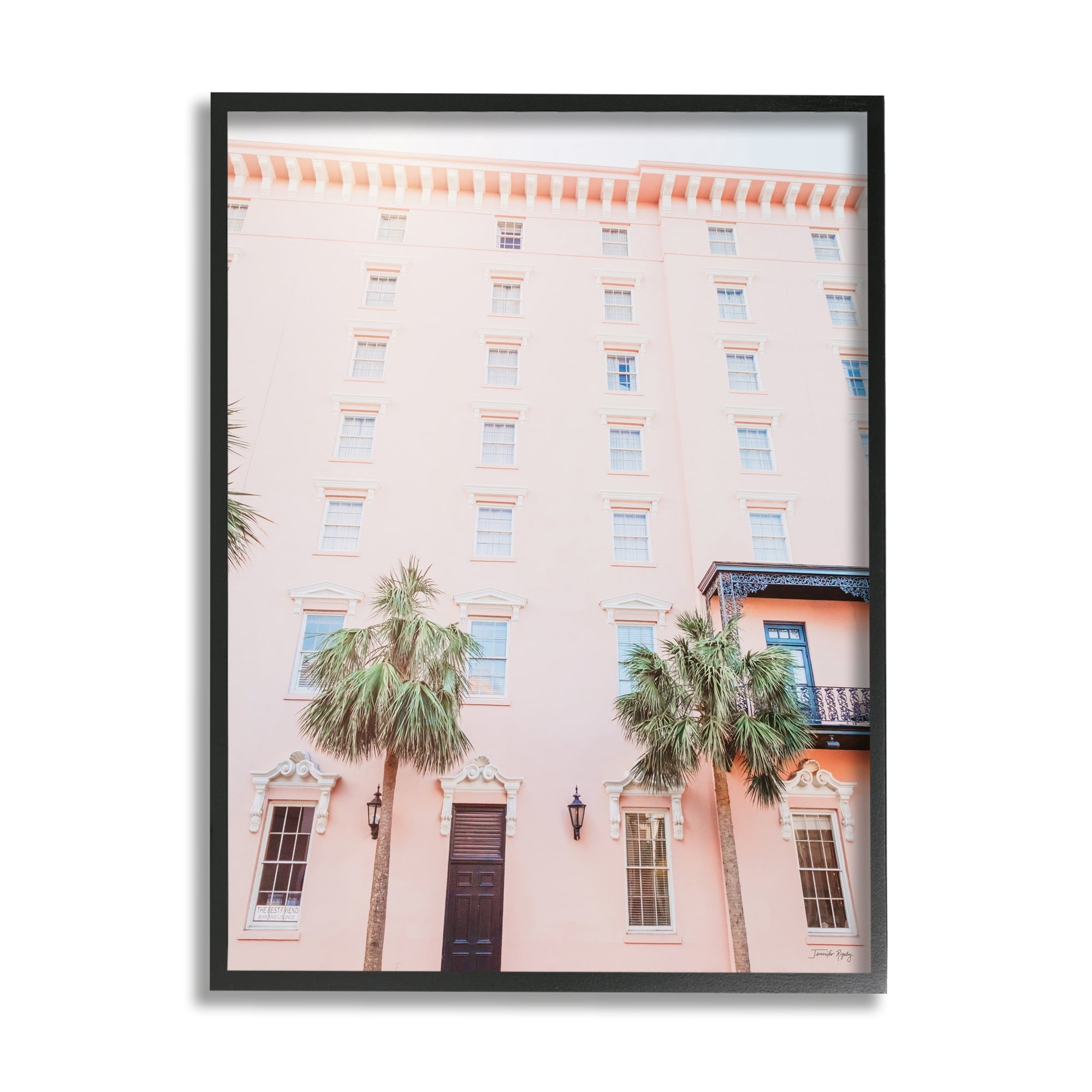 Stupell Industries Tropical Pink Vacation Building Summer Palm Trees Photograph Black Framed Art Print Wall Art, Design by Jennifer Rigsby