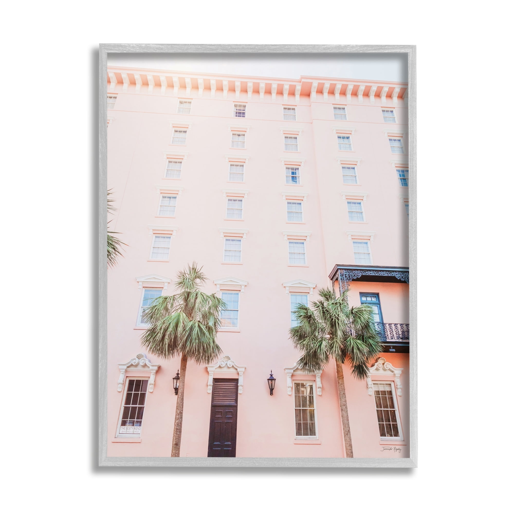 Stupell Industries Tropical Pink Vacation Building Summer Palm Trees Photograph Gray Framed Art Print Wall Art, Design by Jennifer Rigsby