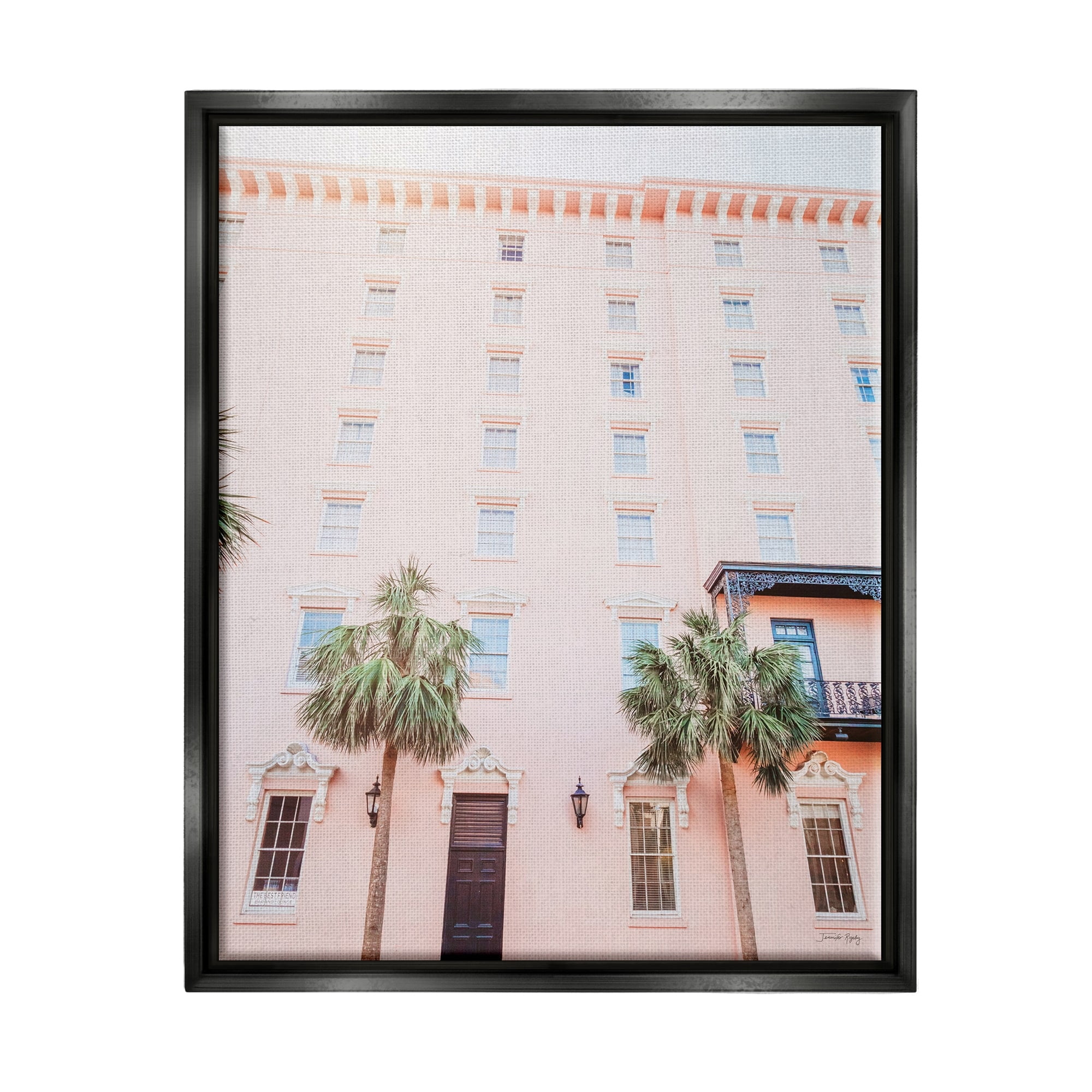 Stupell Industries Tropical Pink Vacation Building Summer Palm Trees Photograph Jet Black Floating Framed Canvas Print Wall Art, Design by Jennifer Rigsby