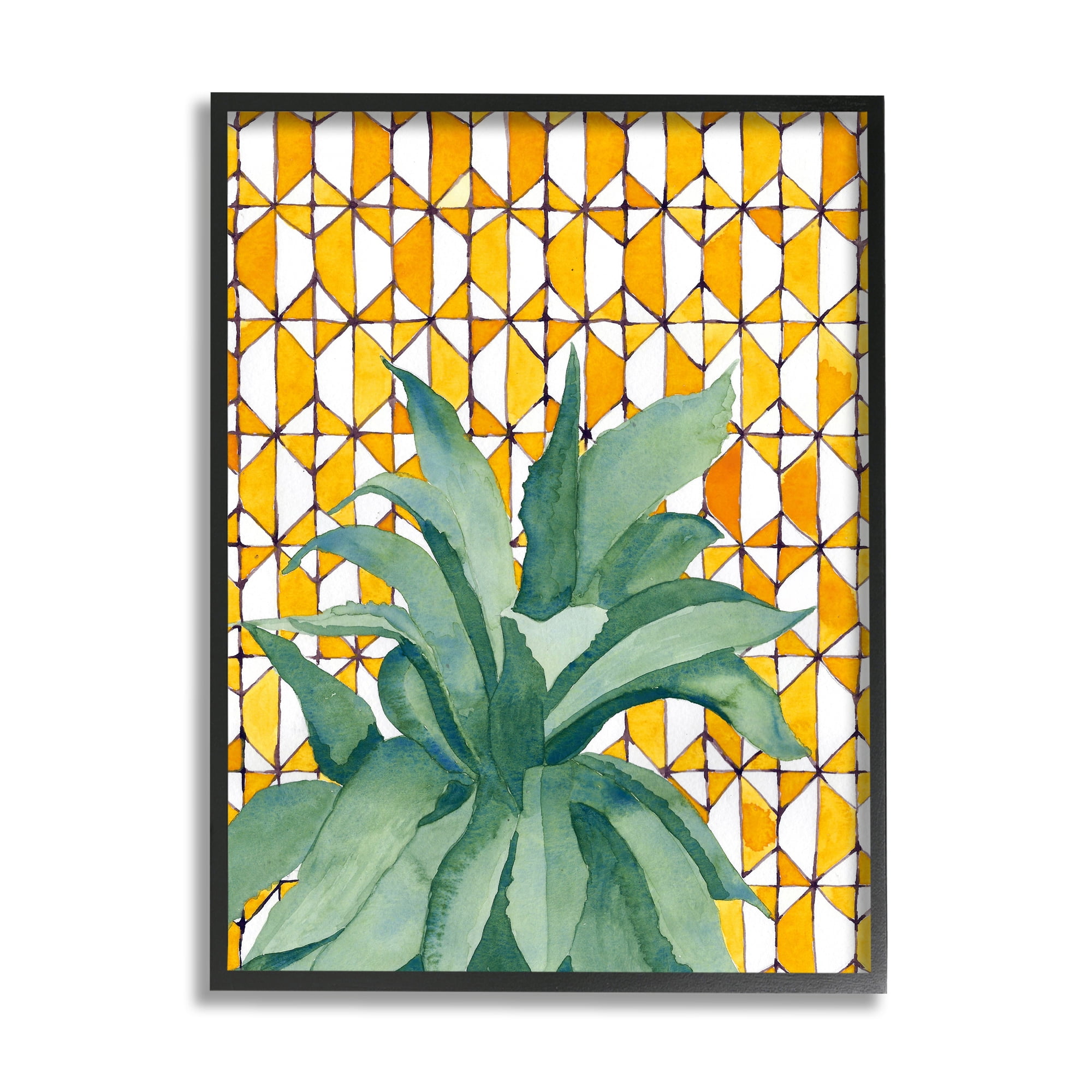 Stupell Industries Tropical Plant Fronds over Geometric Yellow Pattern Botanical & Floral Painting Black Framed Art Print Wall Art, 11 x 14