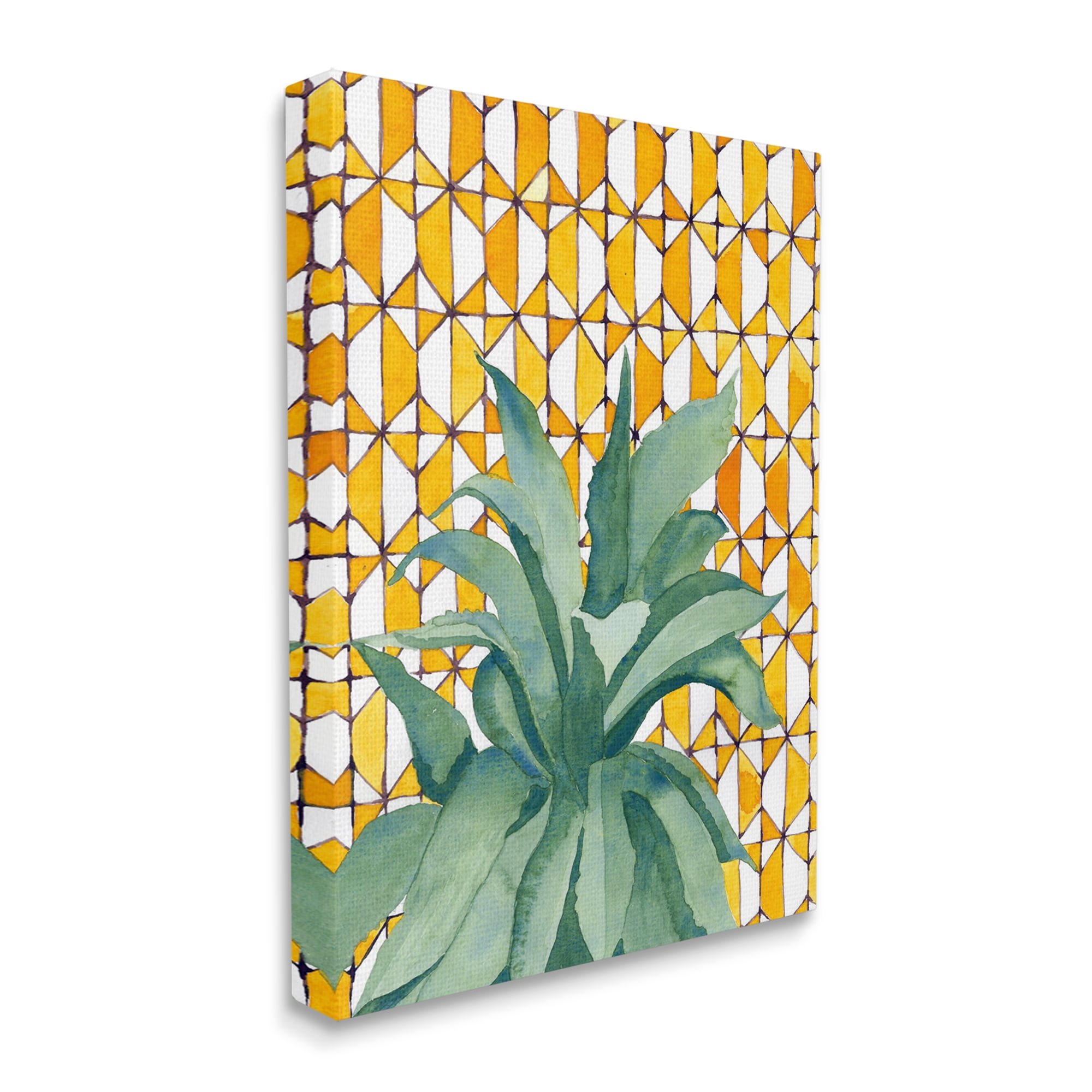 Stupell Industries Tropical Plant Fronds over Geometric Yellow Pattern Botanical & Floral Painting Gallery Wrapped Canvas Print Wall Art, 30 x 40