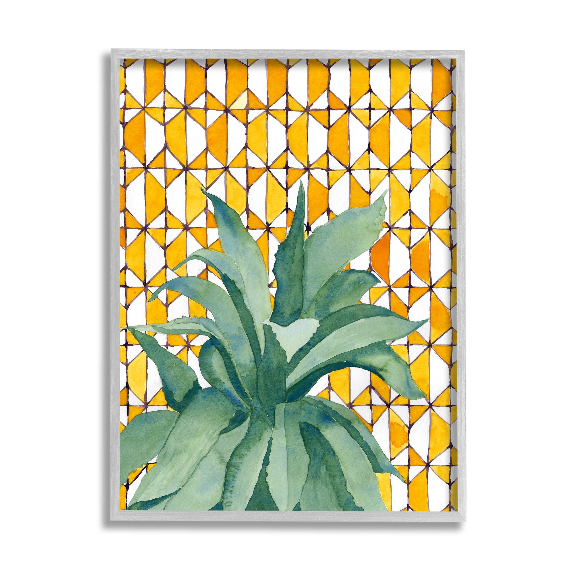 Stupell Industries Tropical Plant Fronds over Geometric Yellow Pattern Botanical & Floral Painting Gray Framed Art Print Wall Art, 24 x 30