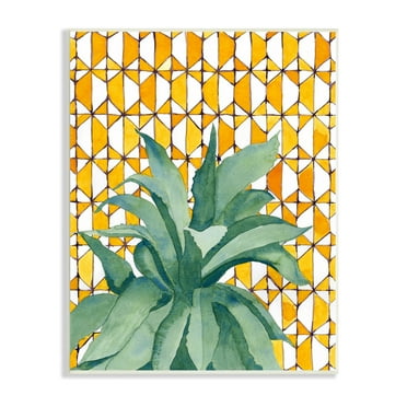 Stupell Industries Tropical Plant Fronds over Geometric Yellow Pattern Botanical & Floral Painting Unframed Art Print Wall Art, 10 x 15
