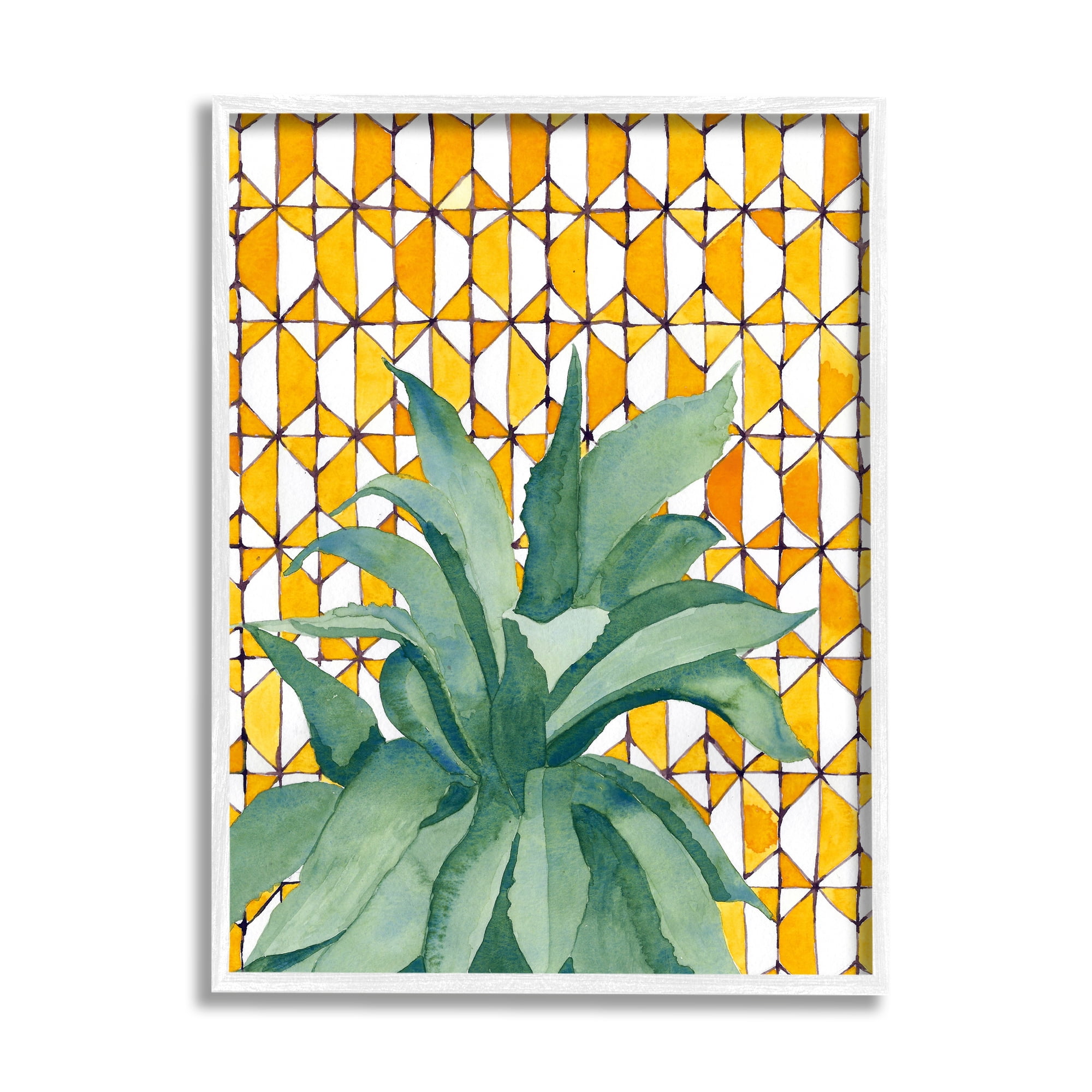 Stupell Industries Tropical Plant Fronds over Geometric Yellow Pattern Botanical & Floral Painting White Framed Art Print Wall Art, 24 x 30