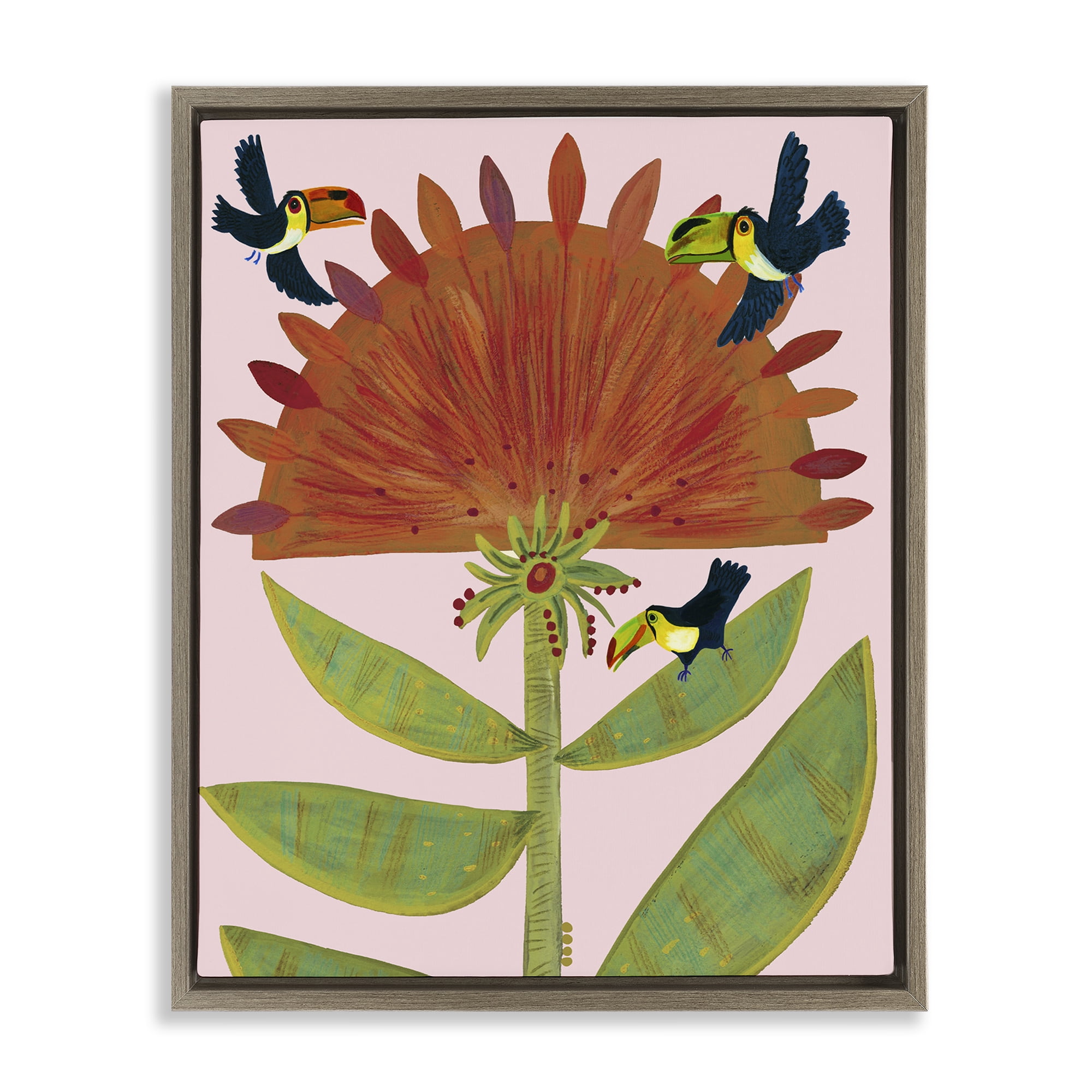 Stupell Industries Tropical Plant & Toucans Brown Framed Floater Canvas Wall Art, design by Kay Widdowson