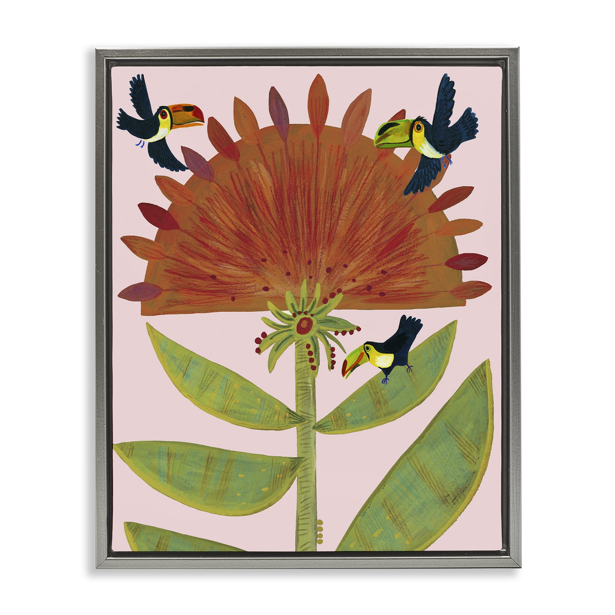 Stupell Industries Tropical Plant & Toucans Gray Framed Floater Canvas Wall Art, design by Kay Widdowson